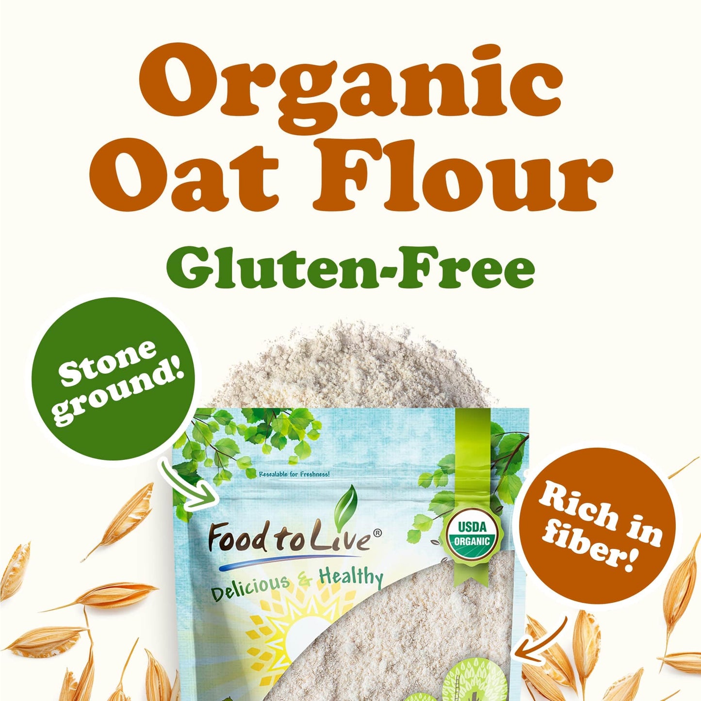 Food to Live Gluten-Free Organic Oat Flour, 8 Ounce - Stone Ground Whole Grain Oats for Baking
