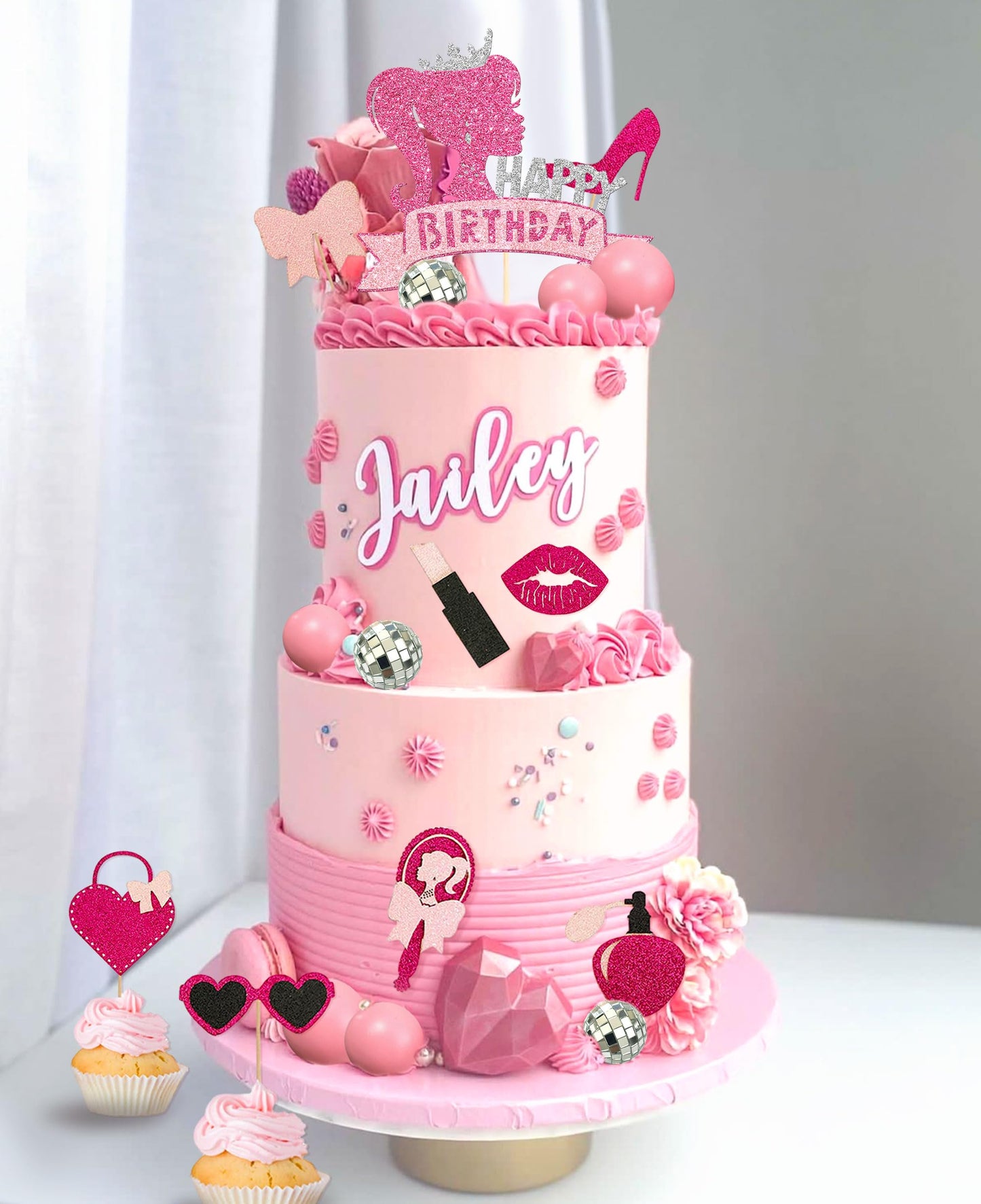 Jevenis Birthday Hot Pink Girl Birthday Cake Decoration Pink Girls Birthday Decoration Pink Balls Palm Leaves Heels Lipstick Bag