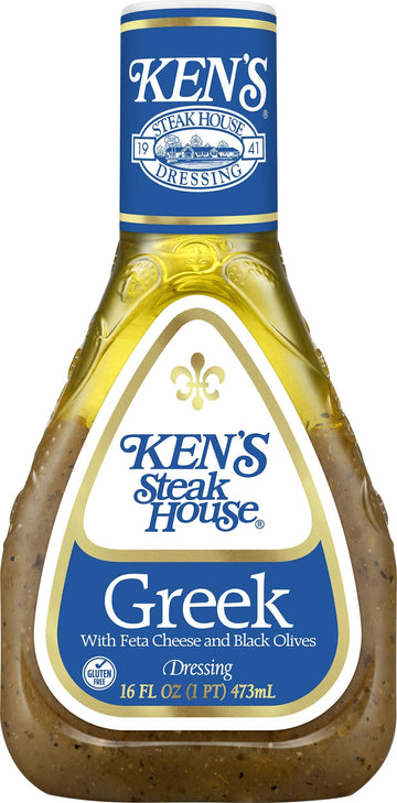 Kens Steakhouse Dressing, Greek Dressing with Feta Cheese & Black Olives, Gluten Free Dressing for Salads or Marinades 16 Fl Oz 