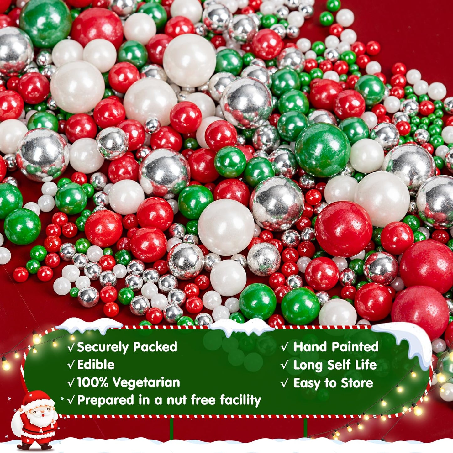 Edible Christmas Sprinkles Pearls for Cake Decorating,130g Red Green White and Silver Pearl Mixed,Edible Sugar Holiday sprinkle