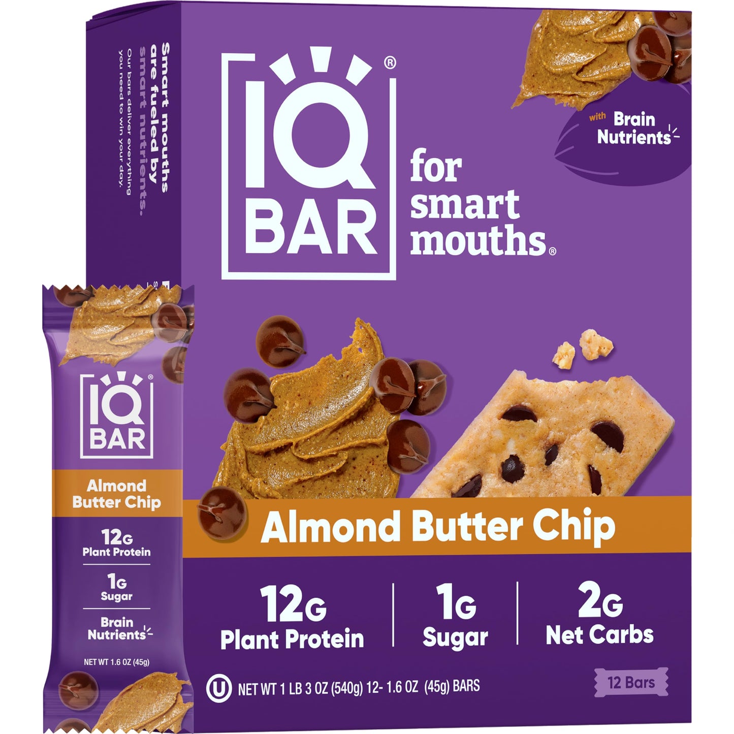 Iqbar Brain And Body Plant Protein Bars - Almond Butter Chip - 12 Count, Low Carb, High Fiber, Gluten Free, Vegan Snacks - Low S