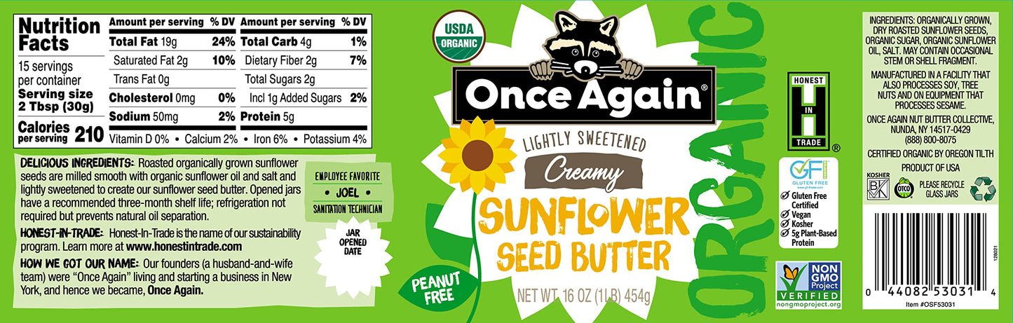 Once Again Organic Crunchy Peanut Butter, 16Oz - Lightly Salted, Unsweetened - Usda Organic, Gluten Free Certified, Vegan, Kosher - Glass Jar - Case Pack Of 12