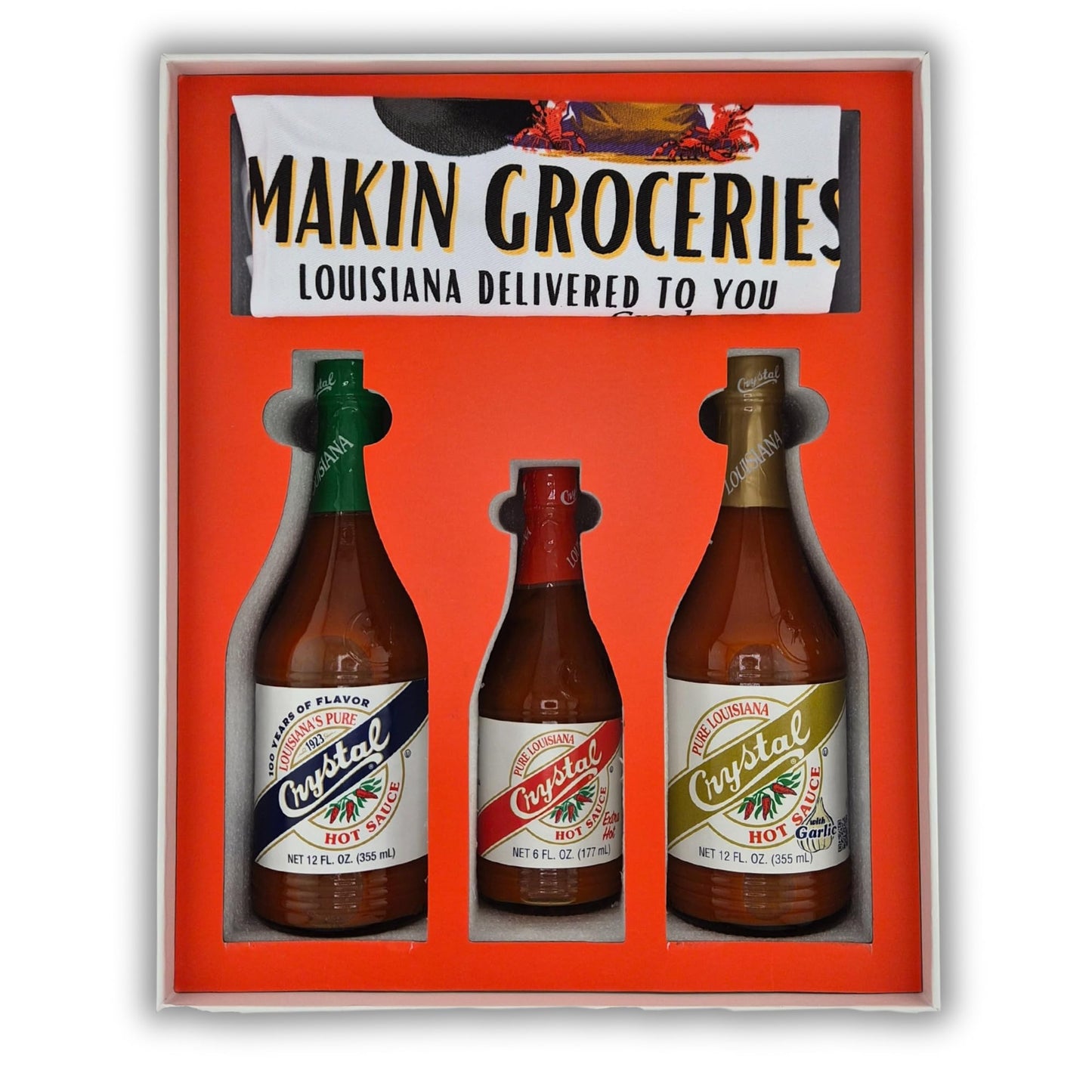 Crystal Hot Sauce Gift Box - Authentic New Orleans Louisiana Sauce Set For Gifts Parties Kitchen Essentials - Creole Apron  12Oz Oriflavor Blendal And Garlic Hot Sauce  6Oz Extra Hot Sauce  Gluten-Free No Msg