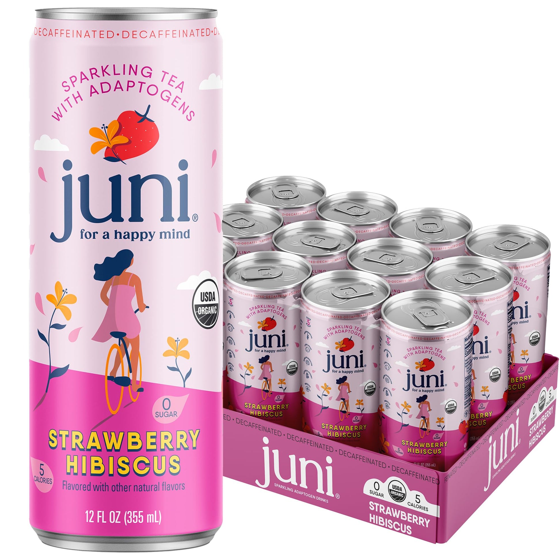 JUNI Sparkling Adaptogen Drink, Strawberry Hibiscus, 12 Fl Oz, Pack of 12, Zero Sugar, Decaffeinated, Non-Alcoholic