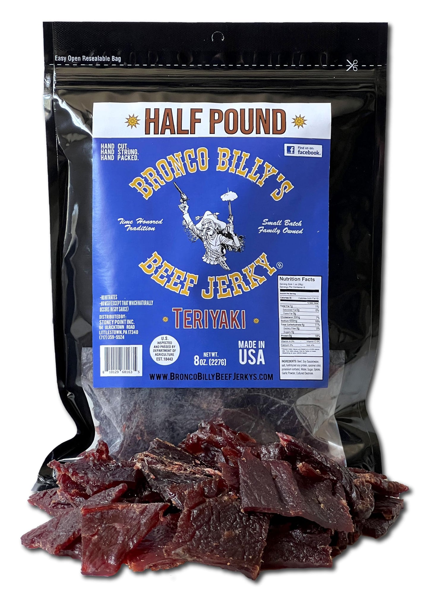 Bronco Billy's Beef Jerky Teriyaki Half Pound Resealable Bag, Made in USA with Premium USDA Beef, Hand Cut, Hand Strung, Hand Pa
