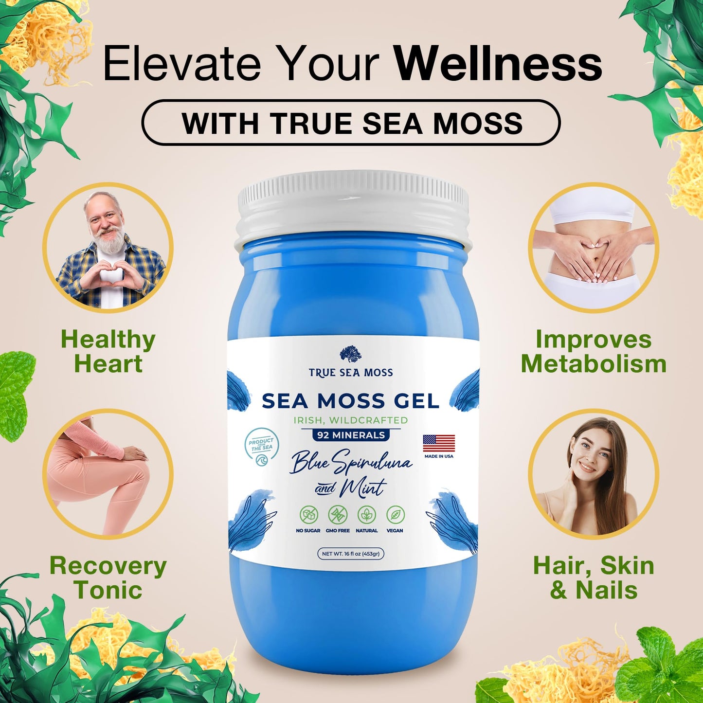 TrueSeaMoss Wildcrafted Irish Sea Moss Gel - 16 Fl Oz - Blue Spirulina - Made in USA - Pack of 1 - Model TSM-201-SPB1