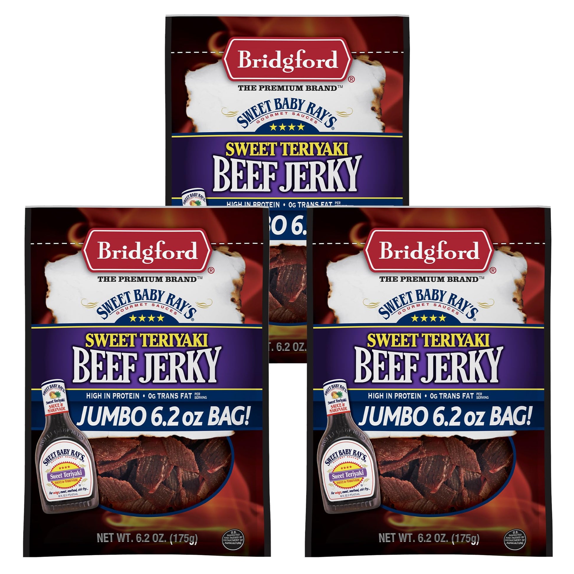 Bridgford Sweet Baby Rays Beef Jerky Sweet Teriyaki 6.2 oz Pack of 3 - High Protein Snacks for Low Carb and High Protein Diets -