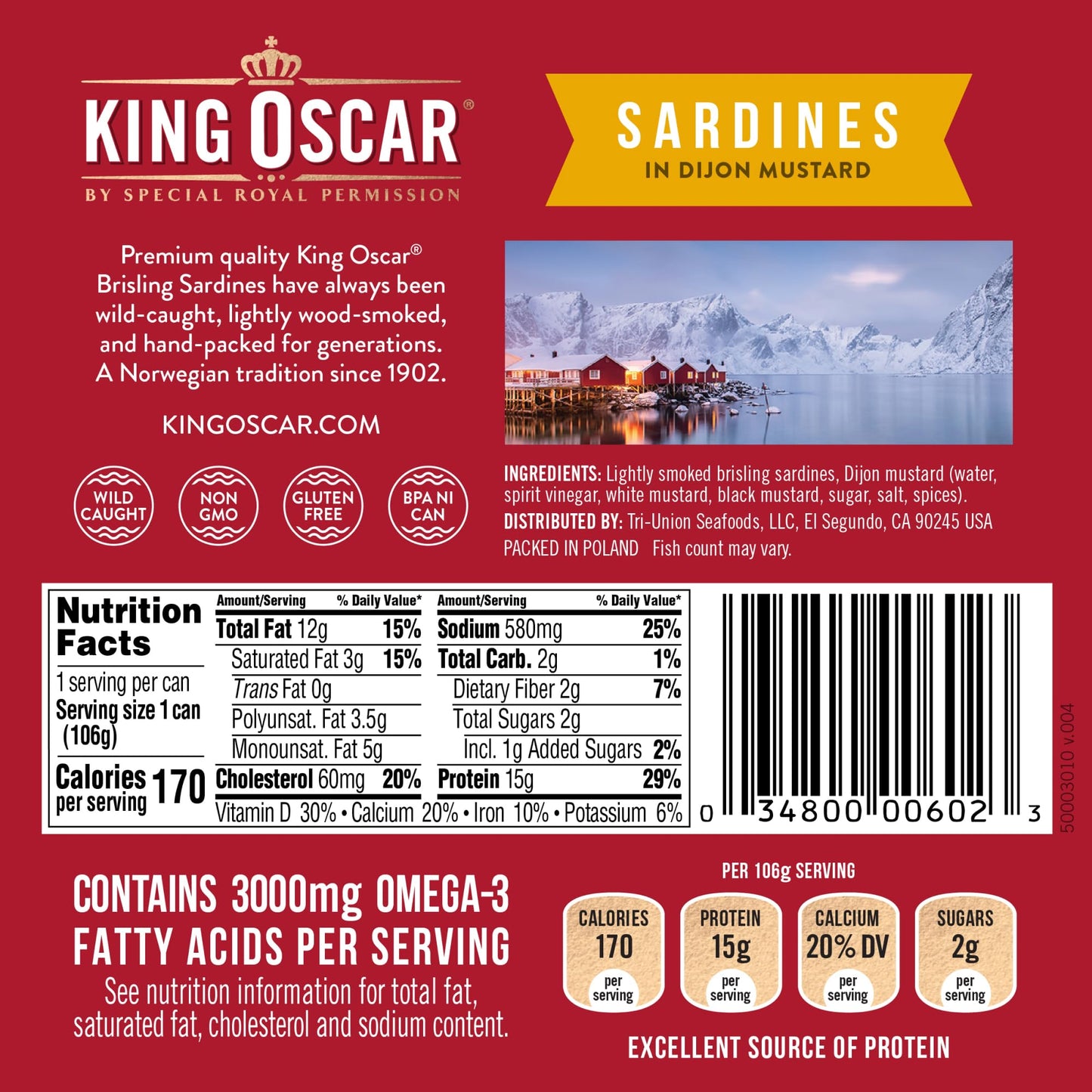 King Oscar Sardines in Dijon Mustard, Wild Caught, 3.75 Ounce Cans, Pack of 12