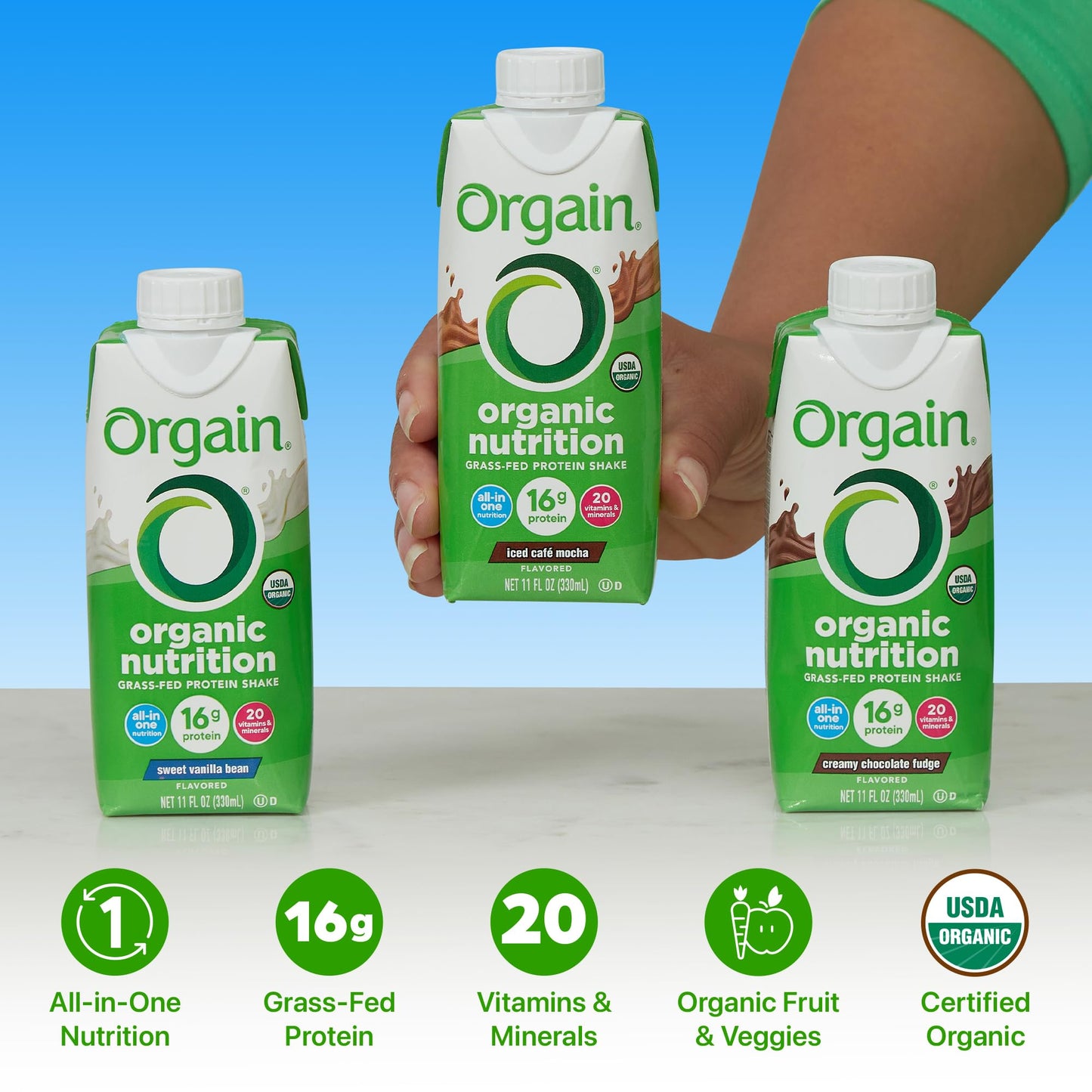 Orgain Organic Nutritional Protein Shake  16g Grass Fed Whey Protein  Meal Replacement  20 Vitamins & Minerals  Fruits & Vegetables Variety Pack  Chocolate  Vanilla  Mocha  11 Fl Oz (12 Pack)