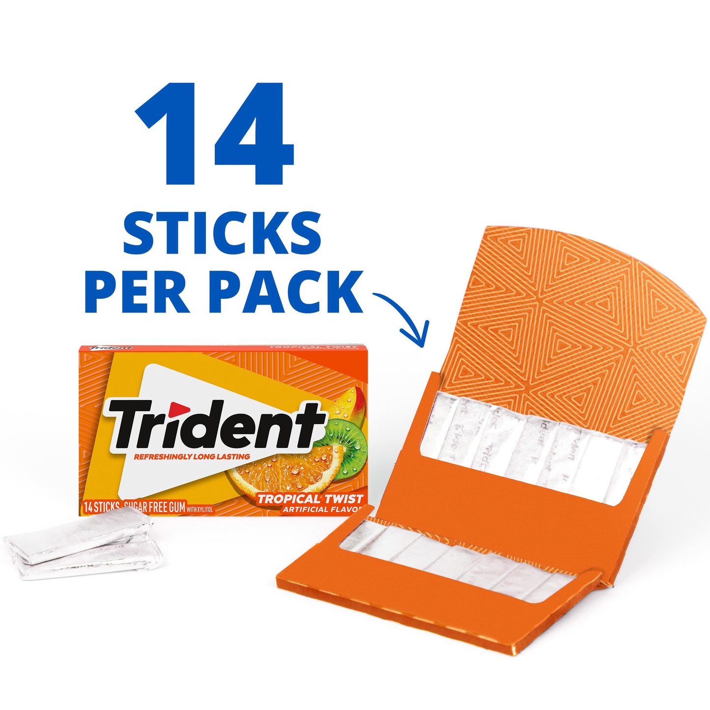 Trident Tropical Twist Sugar-Free Chewing Gum, 14 Count (Pack of 3), Orange, Model 00012546011389