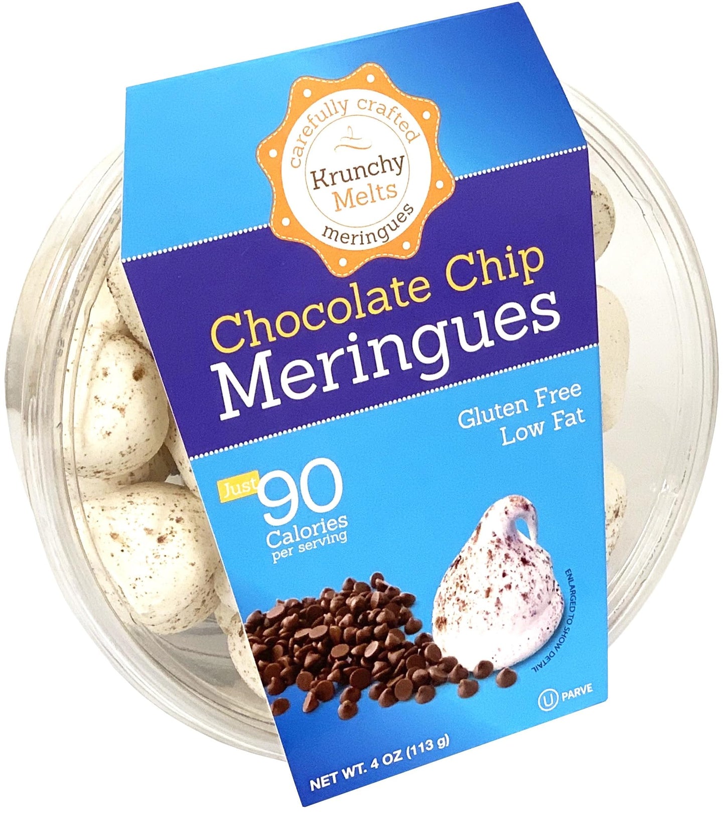 Krunchy Melts Original Meringue Cookies, Chocolate Chip, 4 Pack, 90 Calories, Low Fat, Gluten Free, Dairy Free (4 Oz)