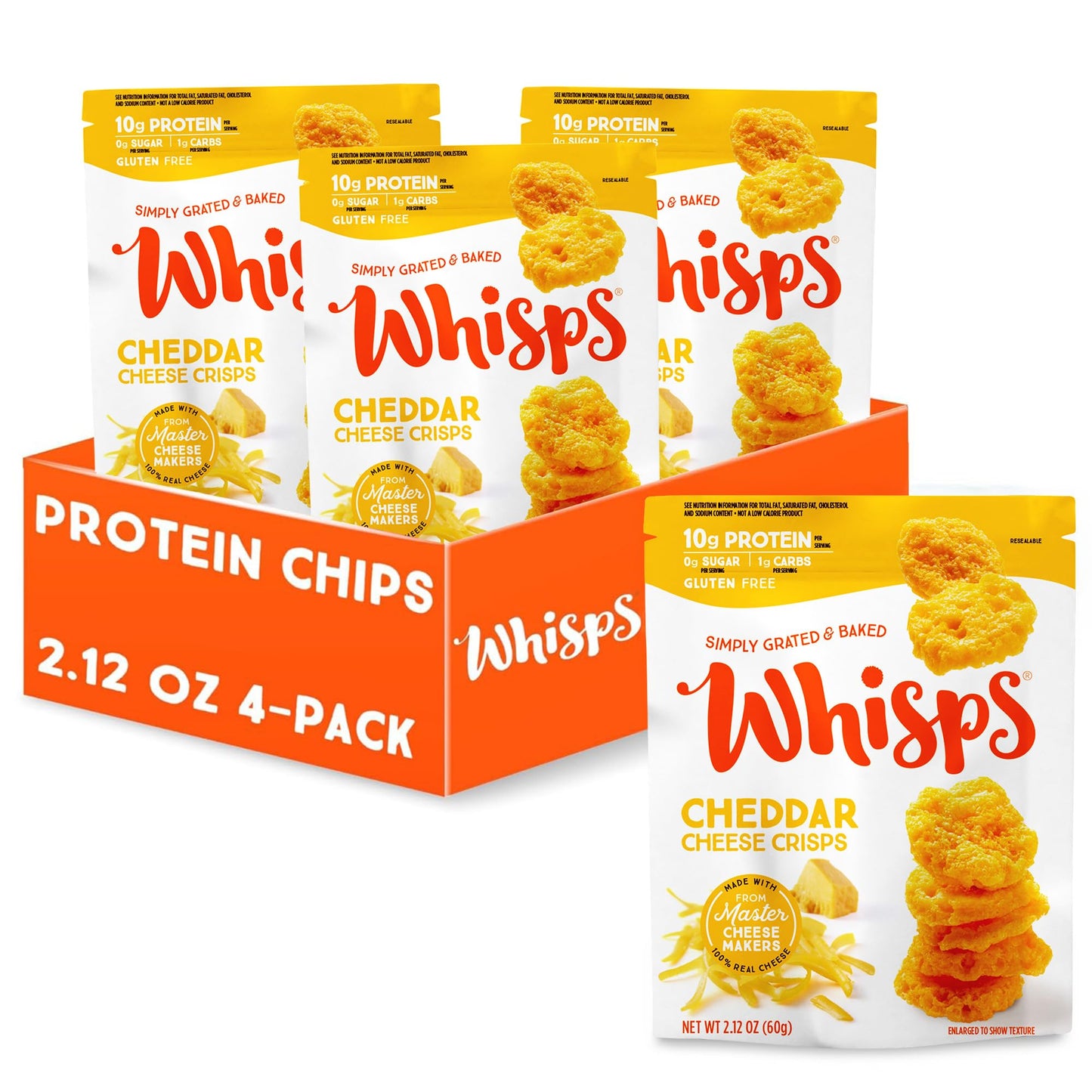 Whisps Cheese Crisps Cheddar - Gluten Free Protein Snacks, Low Carb, 2.12 Oz (Pack of 4)