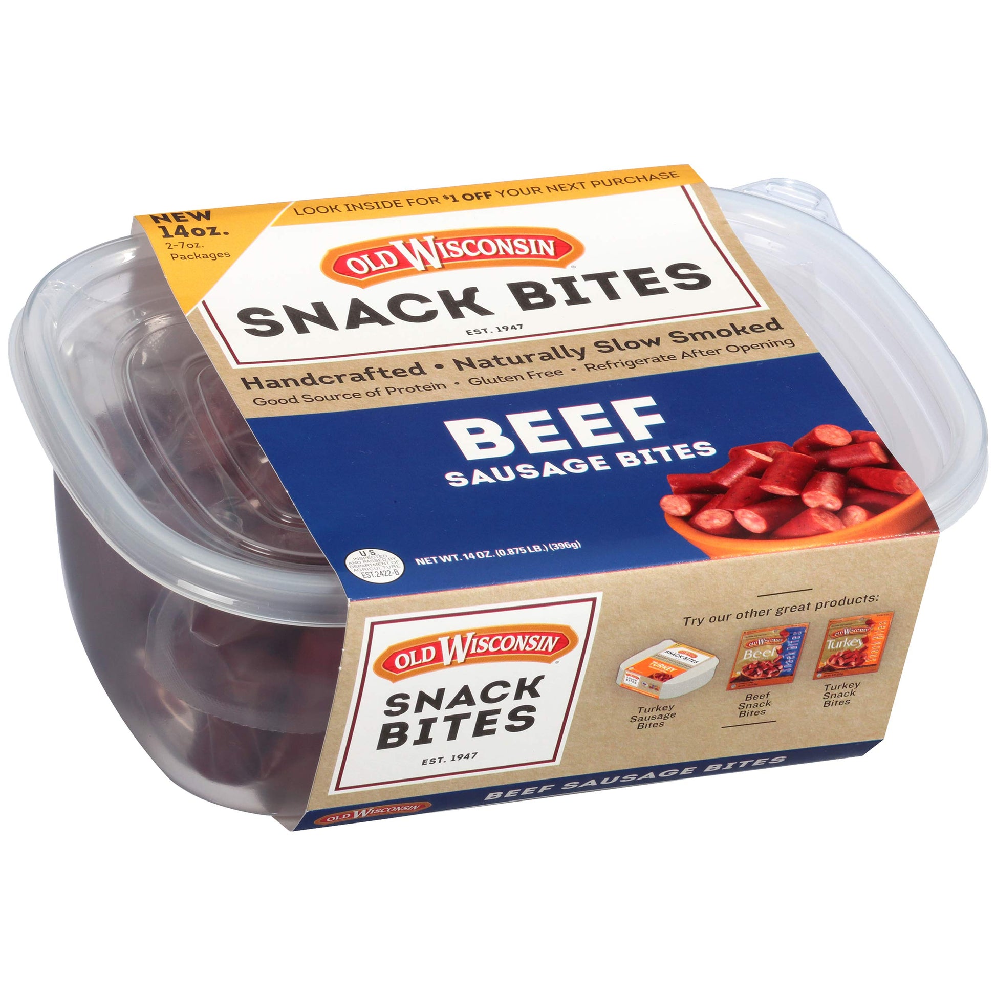 Old Wisconsin Beef Bites Tub, 14 Ounce, Model 16980, Brown