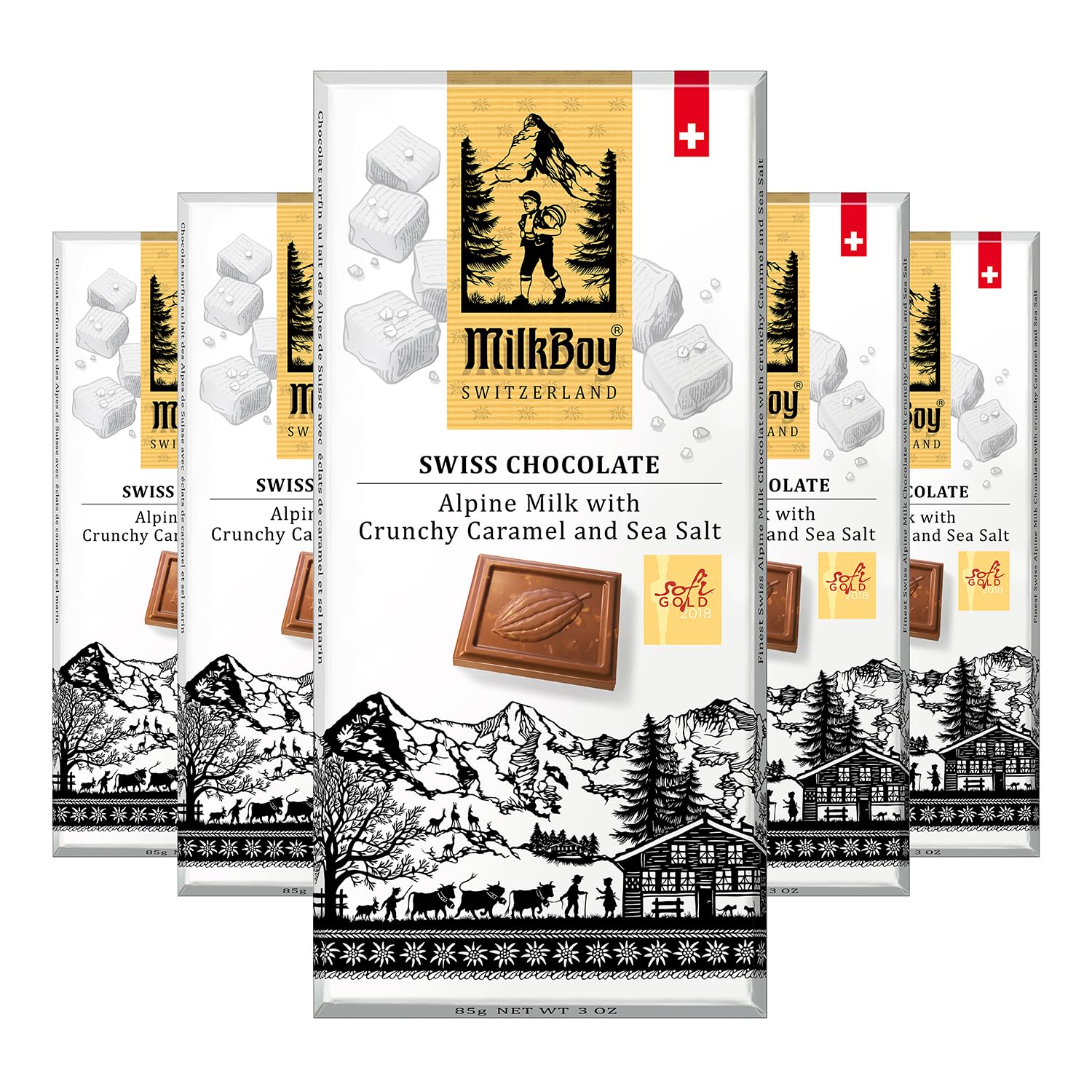 Milkboy Swiss Chocolates Milk Chocolate Bars with Caramel Sea Salt, Gluten-Free, 3 oz, Pack of 5, Chocolate