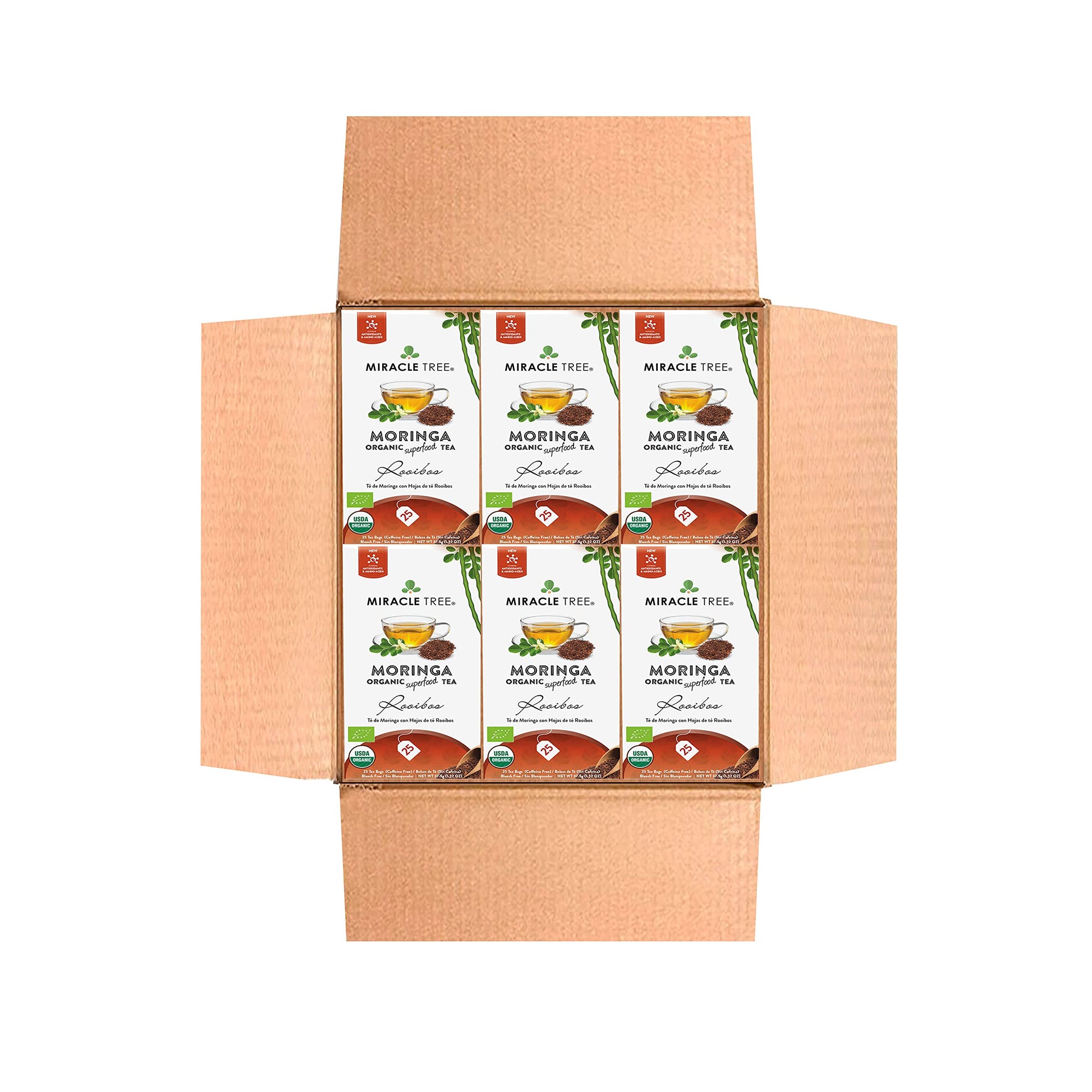 Miracle Tree Organic Moringa Superfood Tea - 6 Pack, 25 Individually Sealed Tea Bags, Vegan, Gluten-Free, Caffeine-Free