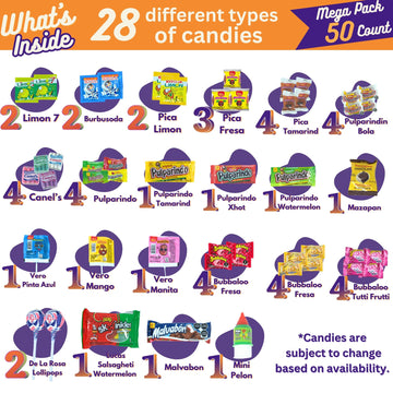 Mexican Candy Variety Pack 50 Pieces, Authentic Dulces Mexicanos, Mexican Snacks, Includes Vero, Lucas, Pulparindo. Spicy, Sweet