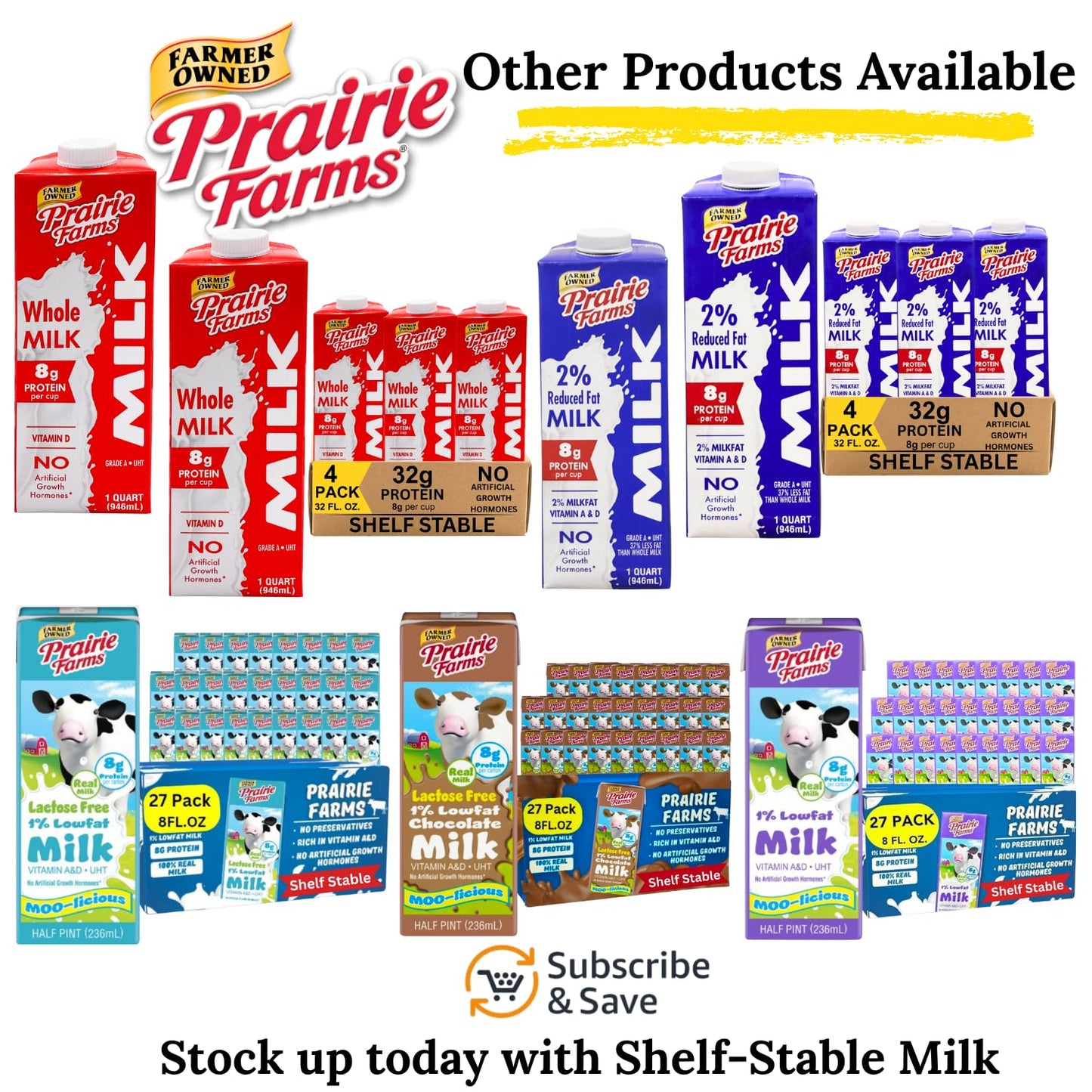 Prairie Farms Lactose Free Milk  Shelf Stable 1% Low Fat Milk Boxes Vitamin D  Gluten Free  Ultra Pasteurized (UHT)  Kosher - 8oz. (27 Pack)