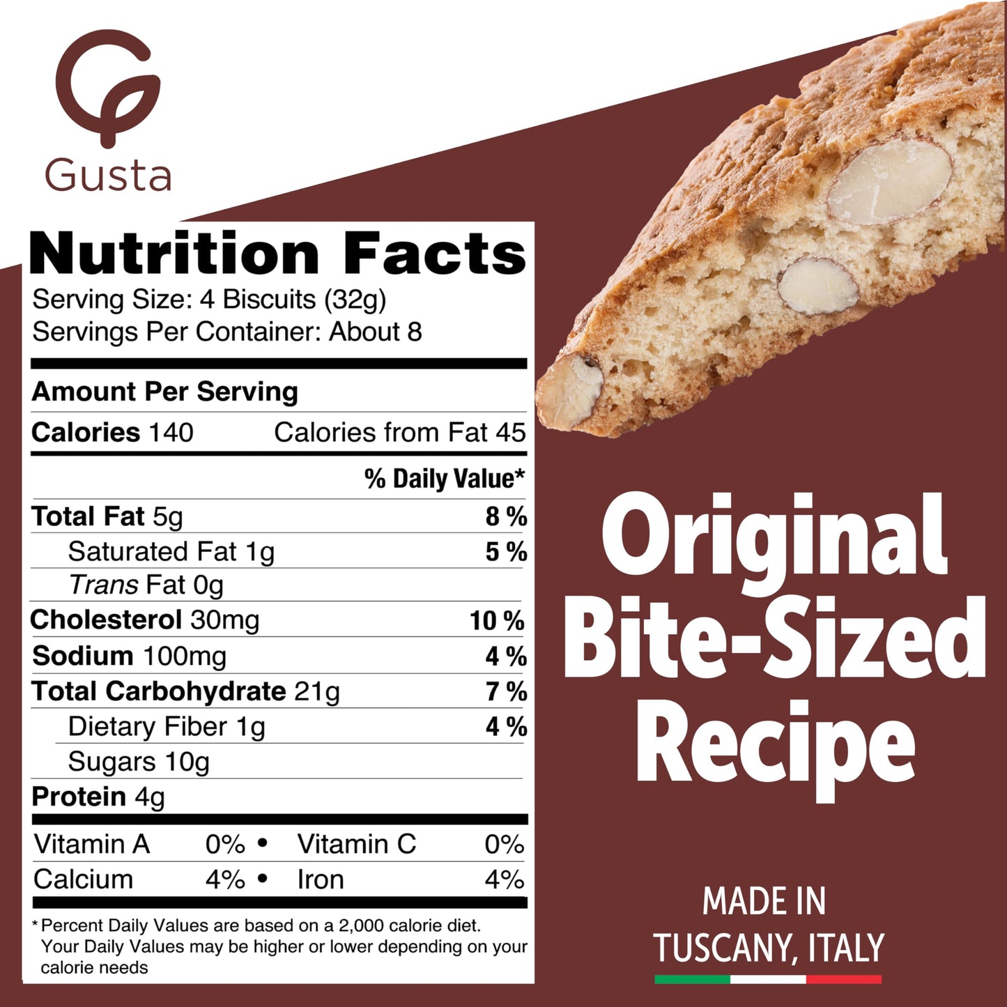 GUSTA Authentic Biscotti Cookies - Classic Almond - 8.75oz - All Natural Italian Dessert