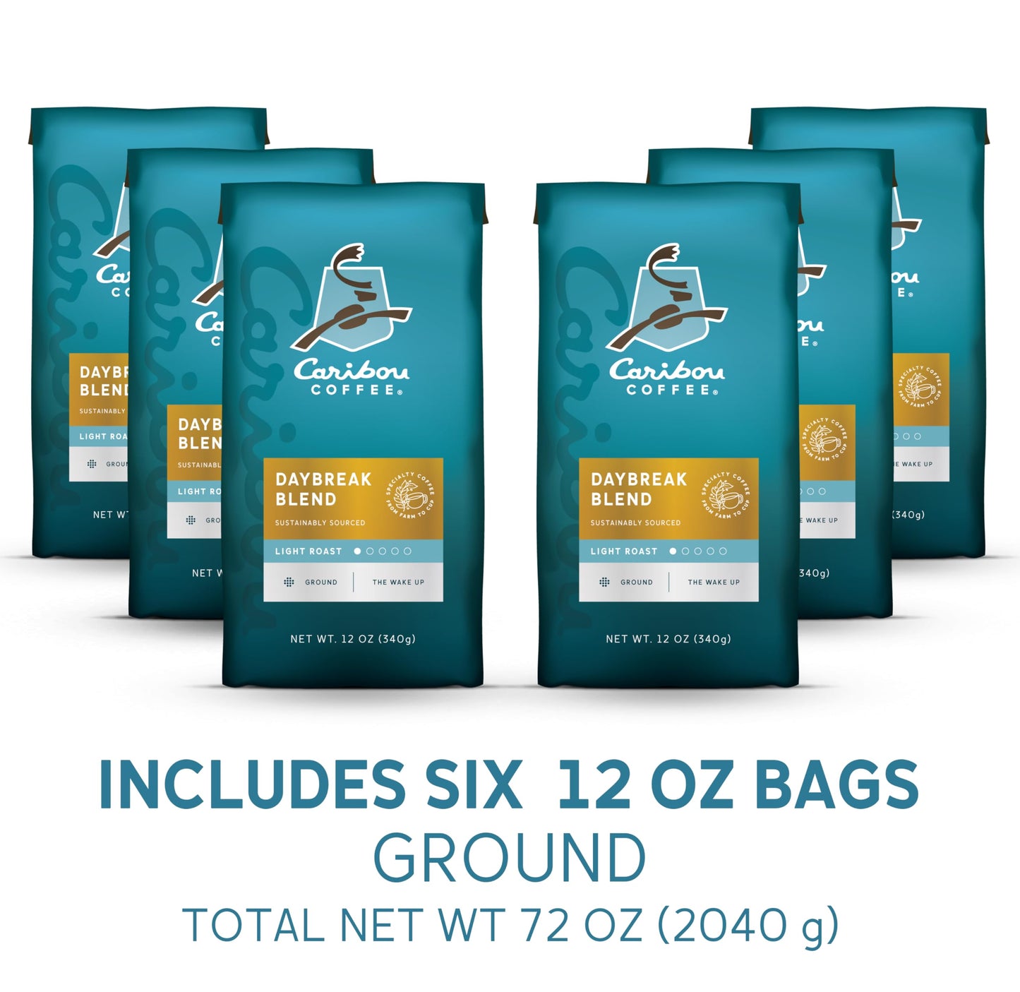 Caribou Coffee Daybreak Blend Light Roast Ground Coffee, 72 Ounces (6 Bags of 12 Ounces) - Premium Quality, Freshly Roasted