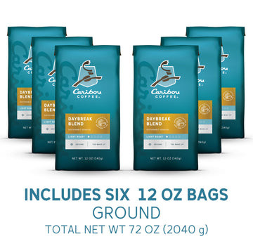 Caribou Coffee Daybreak Blend Light Roast Ground Coffee, 72 Ounces (6 Bags of 12 Ounces) - Premium Quality, Freshly Roasted
