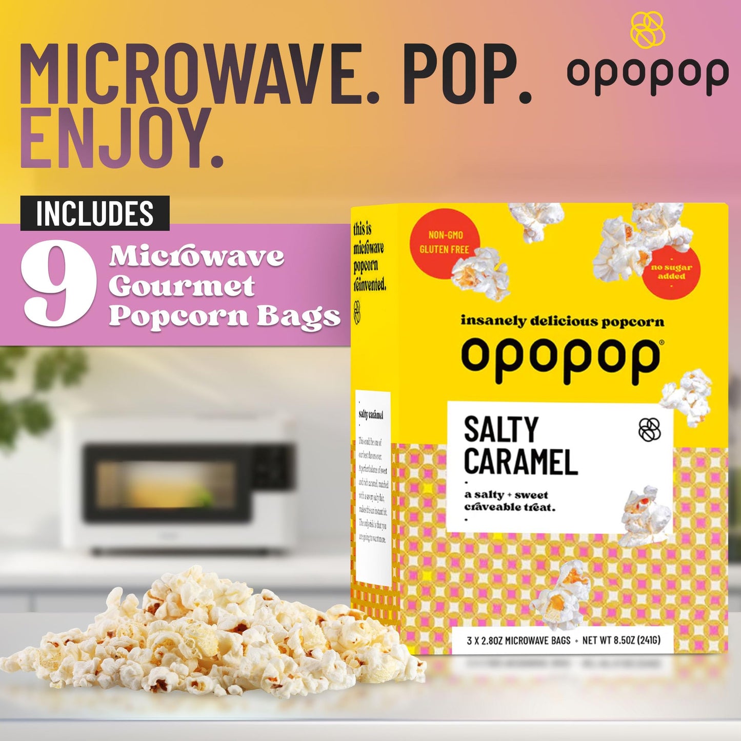 Opopop Traditional Microwave Popcorn - Salty Caramel Popcorn 9-Pack - Sweet and Salty Flavored Popcorn Bulk, Non-GMO