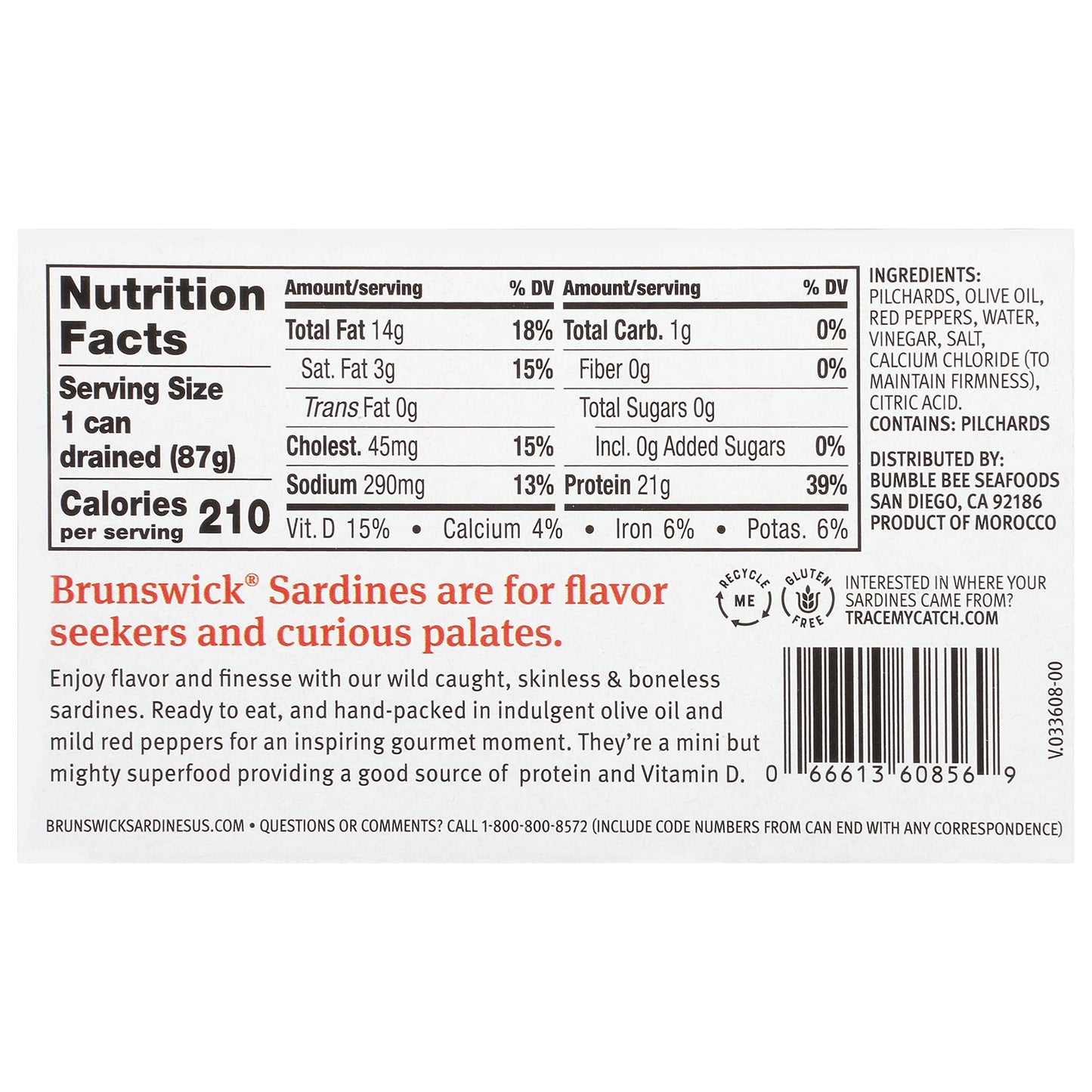 Brunswick Wild Caught Skinless And Boneless Sardines, Served In Olive Oil With Mild Red Peppers, 4.4 Oz (Pack Of 6)