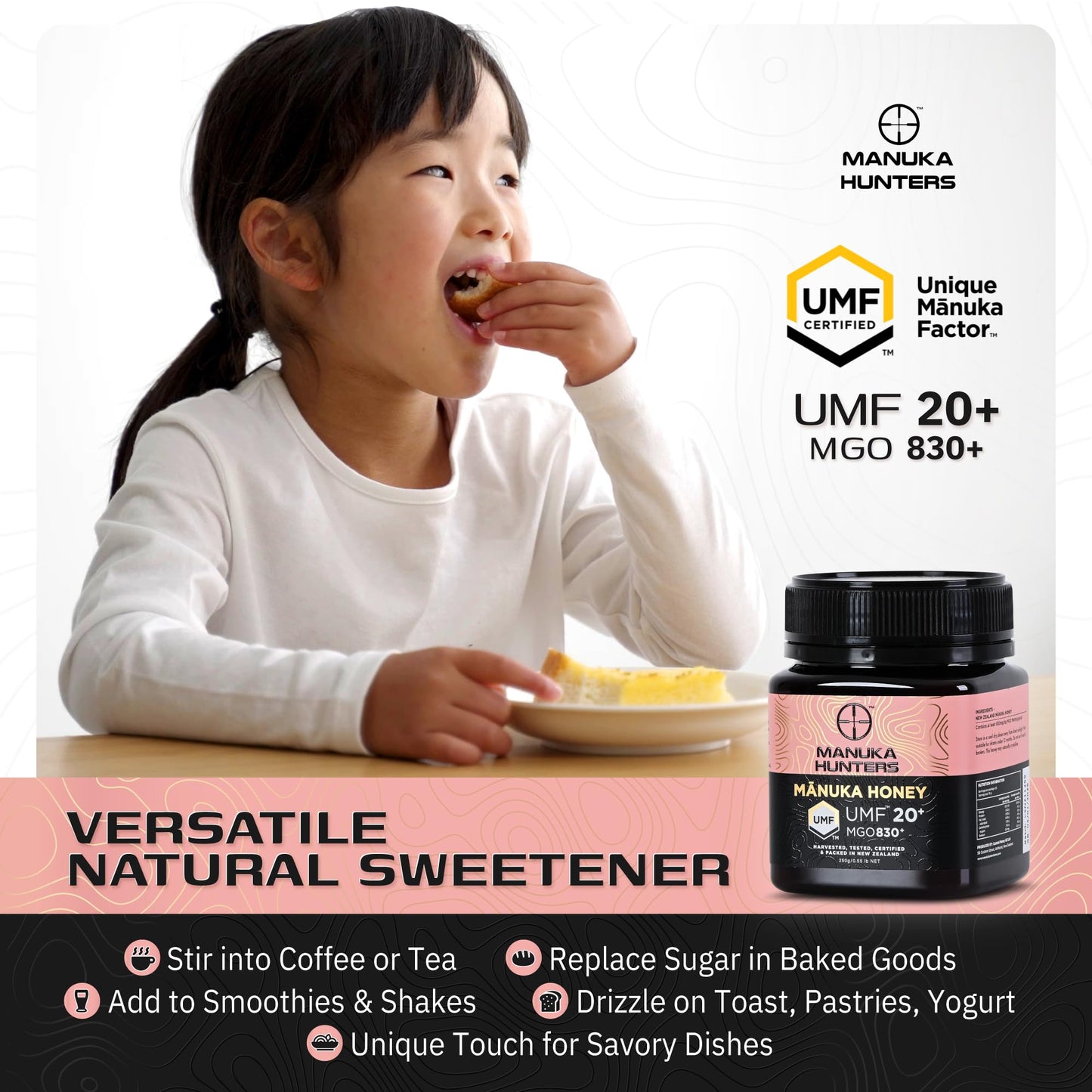 Manuka Hunters Manuka Honey UMF 20+/MGO 830+ 100% Pure Natural Sweetener 8.8oz/250g Jar