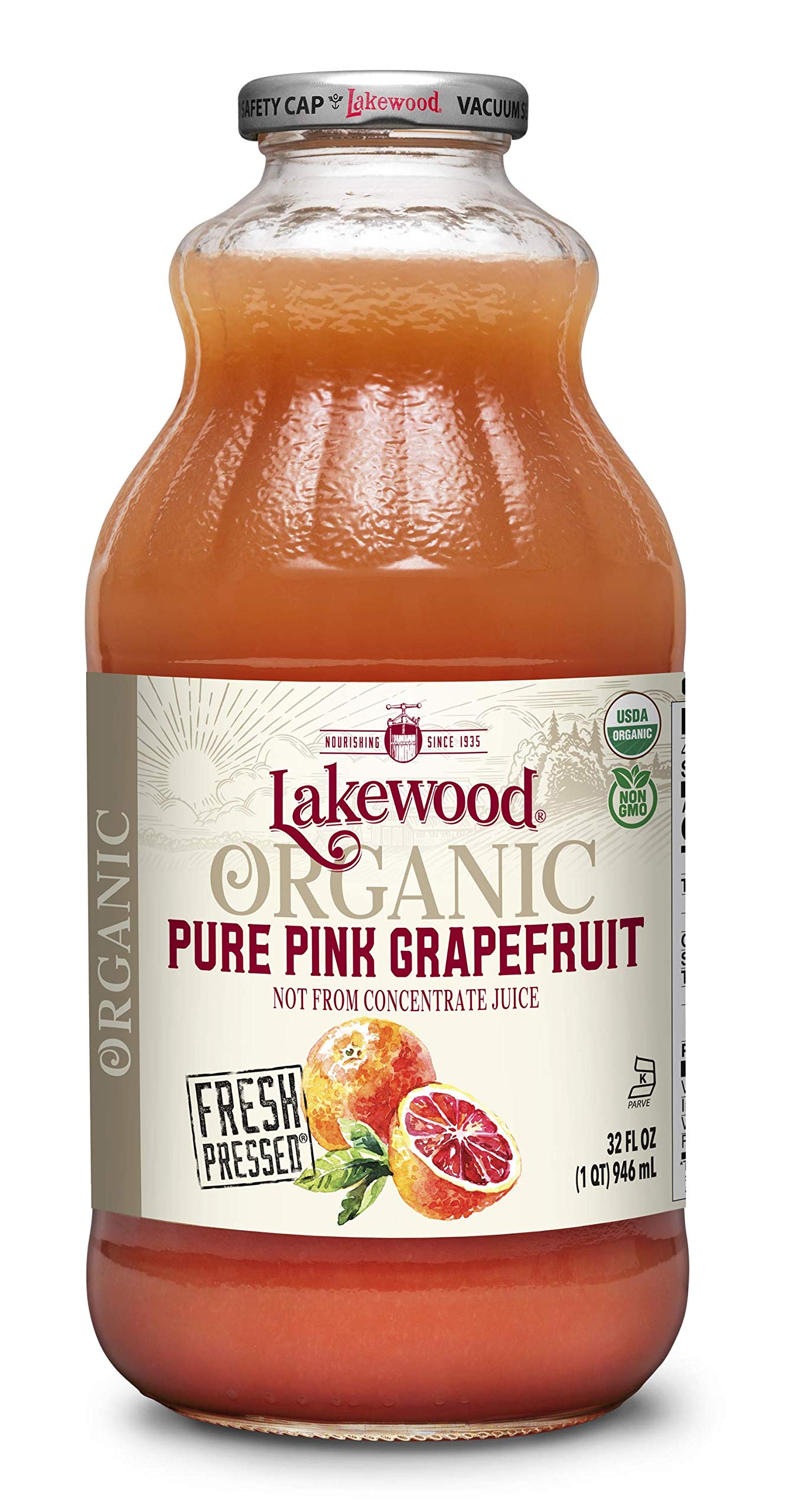 Lakewood Organic PURE Pink Grapefruit Juice, 32-Ounce Bottles (Pack of 6)