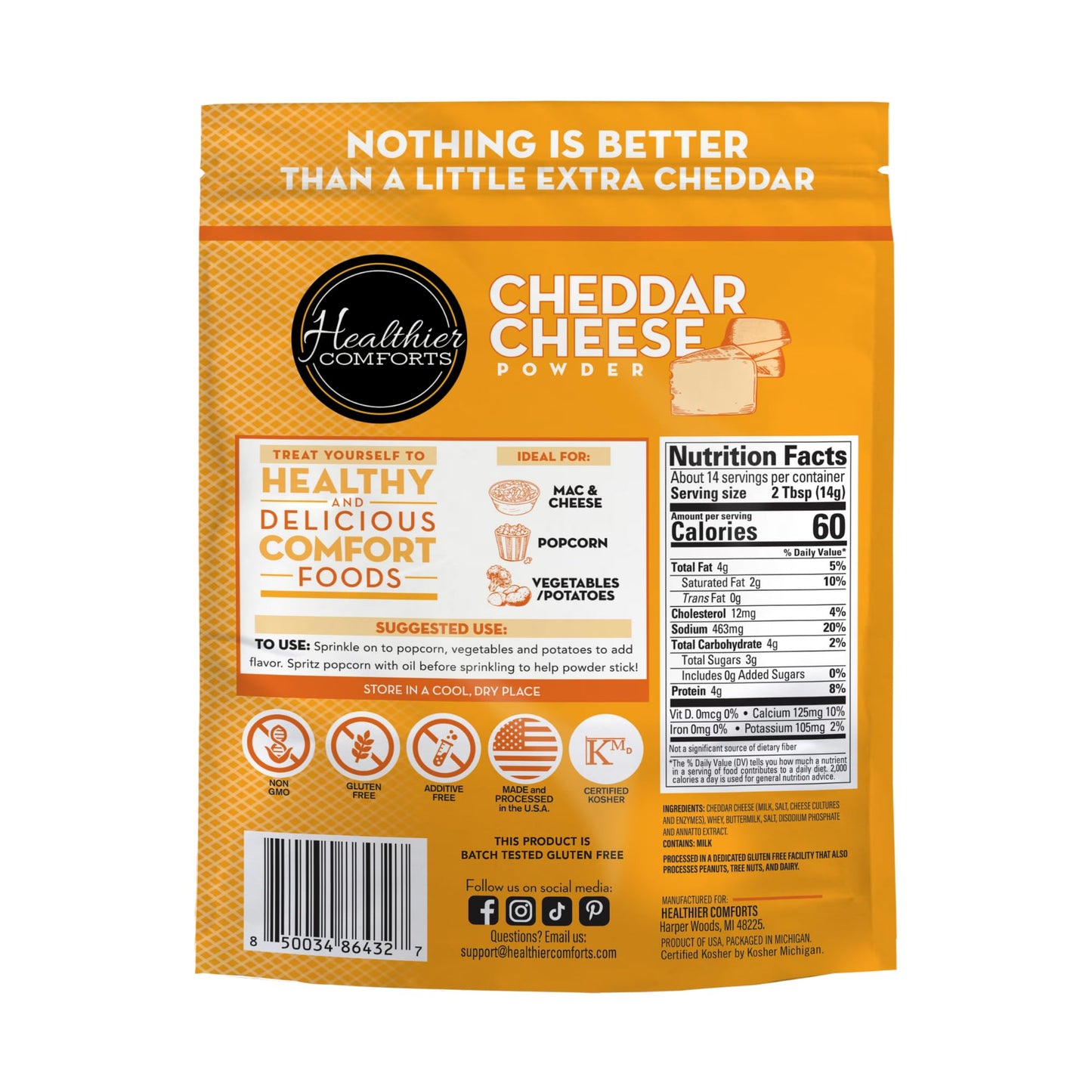 Healthier Comforts Cheddar Cheese Powder (7 Oz) | Premium Yellow Cheddar | Batch Tested Gluten Free, Kosher, No Artificial Dyes
