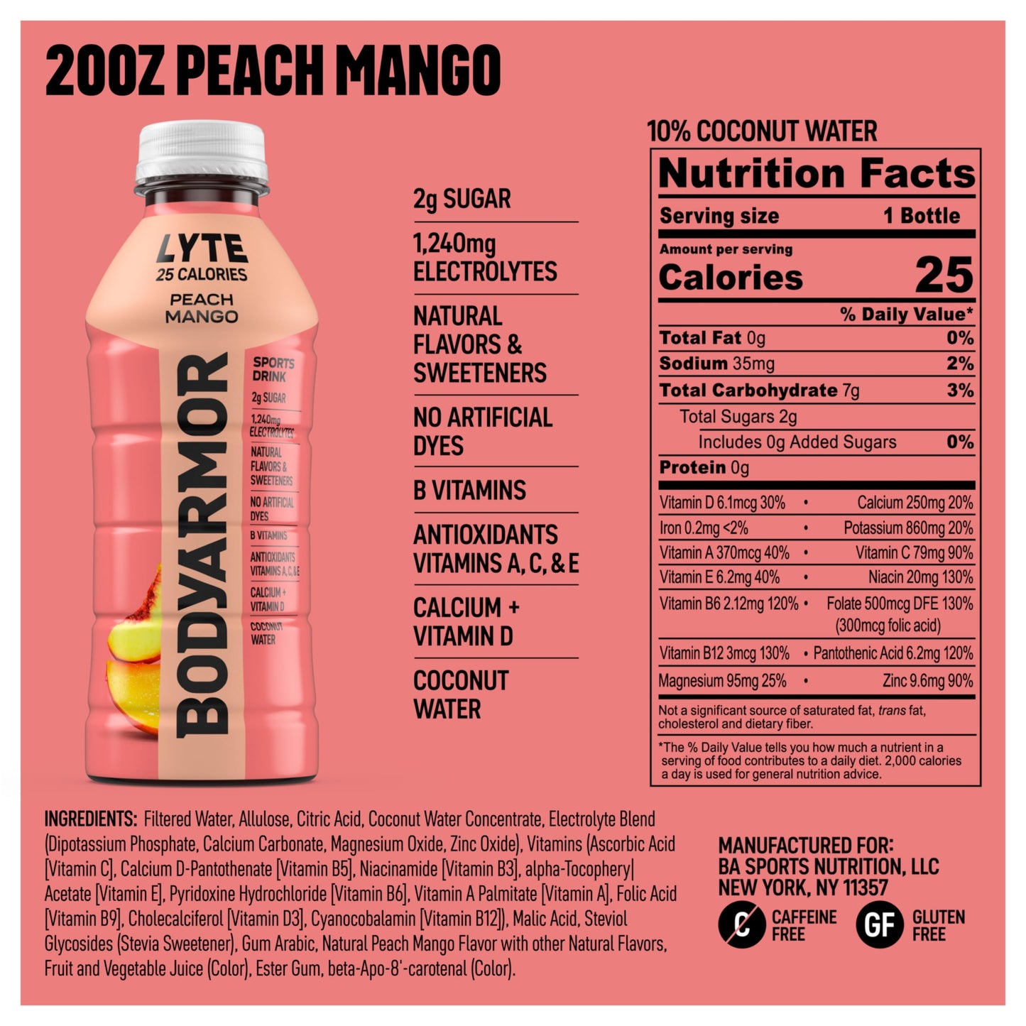 Bodyprotective Covering Lyte Sports Drink Low-Calorie Sports Beverage, Peach Mango, Coconut Water Hydration, Natural Flavors With Vitamins, Potassium-Packed Electrolytes, Perfect For Athletes, 20Fl Oz (Pack Of 6)
