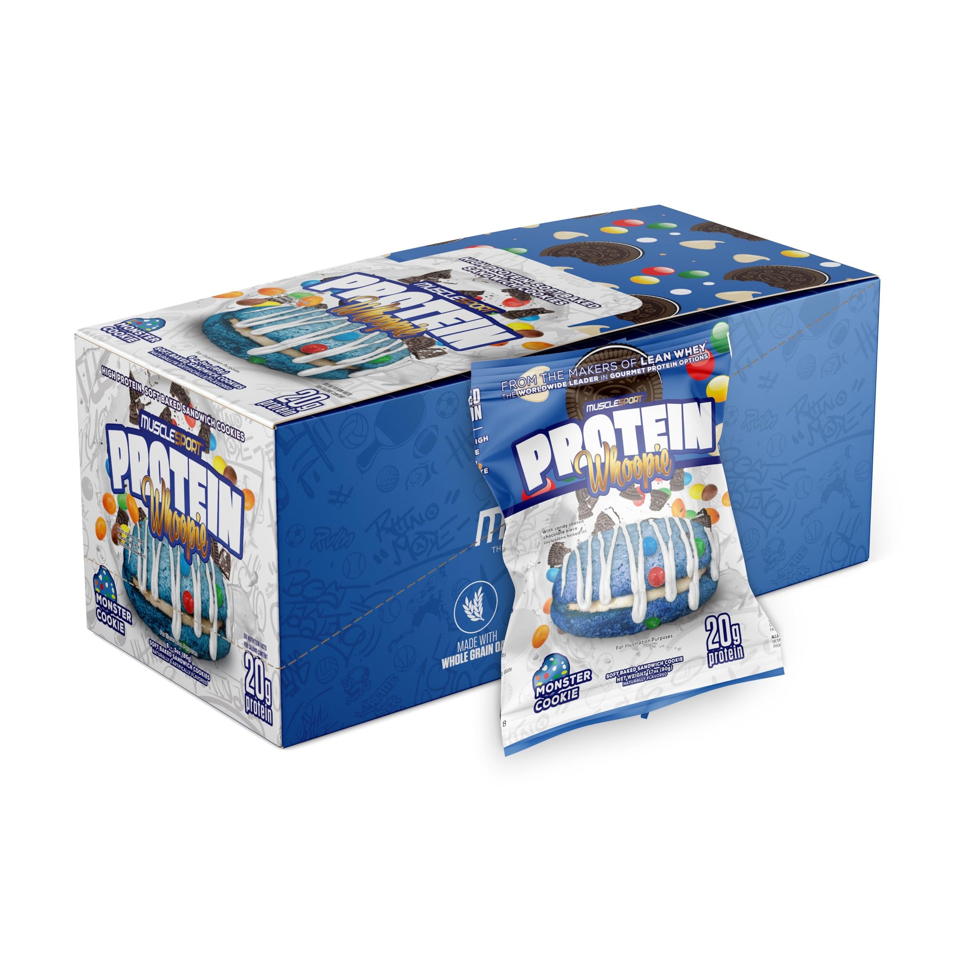 Musclesport Protein Whoopies - High Protein Cookies, Good Source of Fiber, 6 Pack Box, 3 Ounce Each, Blue Monster Cookie