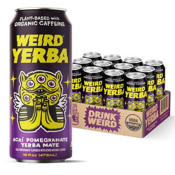 WEIRD Organic Acai Pomegranate Yerba Mate Energy Drink, 16 Fl Oz Cans, Pack of 12, 160mg Organic Caffeine