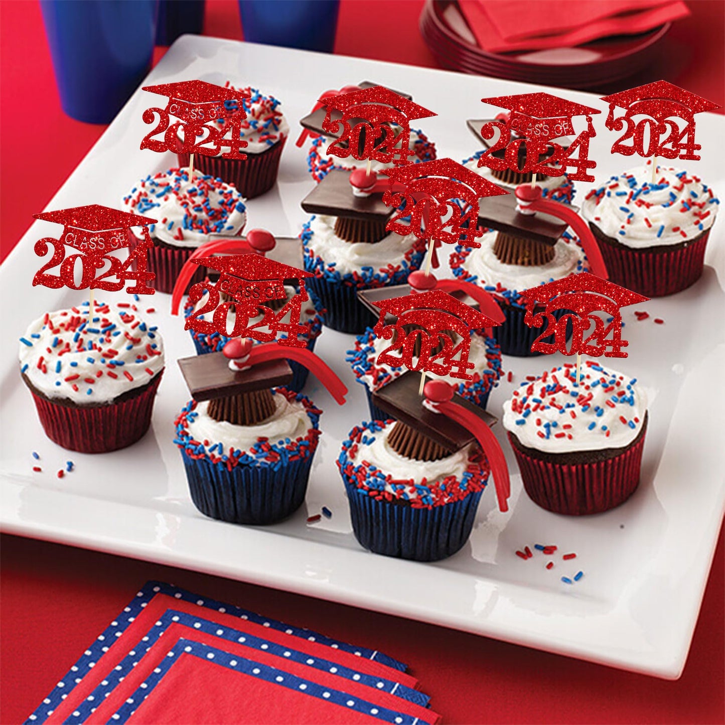 Gyufise 24 Pack 2024 Graduation Cap Cupcake Toppers Red Glitter Class Of 2024 Congrats Grad Cap Cupcake Picks For So Proud Of Yo