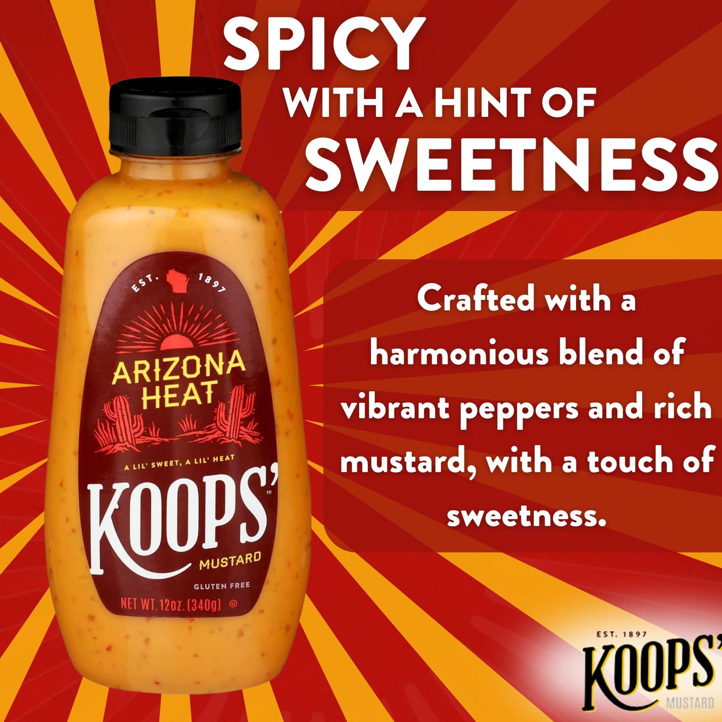 KOOPS Arizona Heat Mustard, Sweet and Spicy, Gluten-Free, Kosher, 12 Oz, Pack of 2