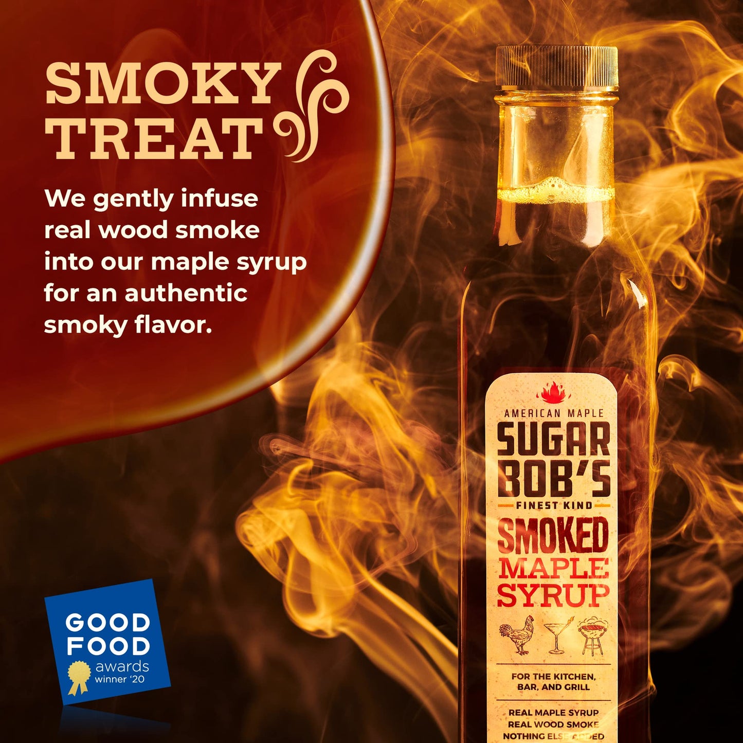 Sugar Bobs Finest Kind Smoked Maple Syrup, Real Maple Syrup, 8.45 fl oz, Brown, Made in Vermont for Bar, Kitchen, and Grill
