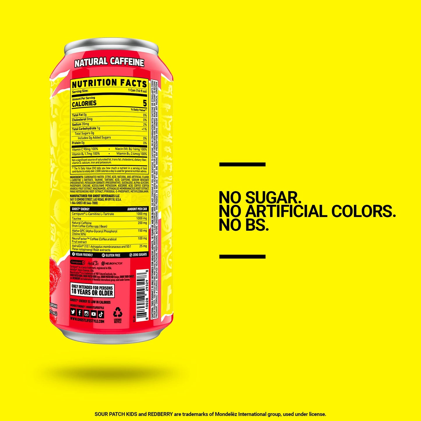 GHOST Energy Drink - 12-Pack  Sour Patch Kids Redberry  16oz - Energy & Focus & No Artificial Colors - 200mg of Natural Caffeine  L-Carnitine & Taurine - Gluten-Free & Vegan
