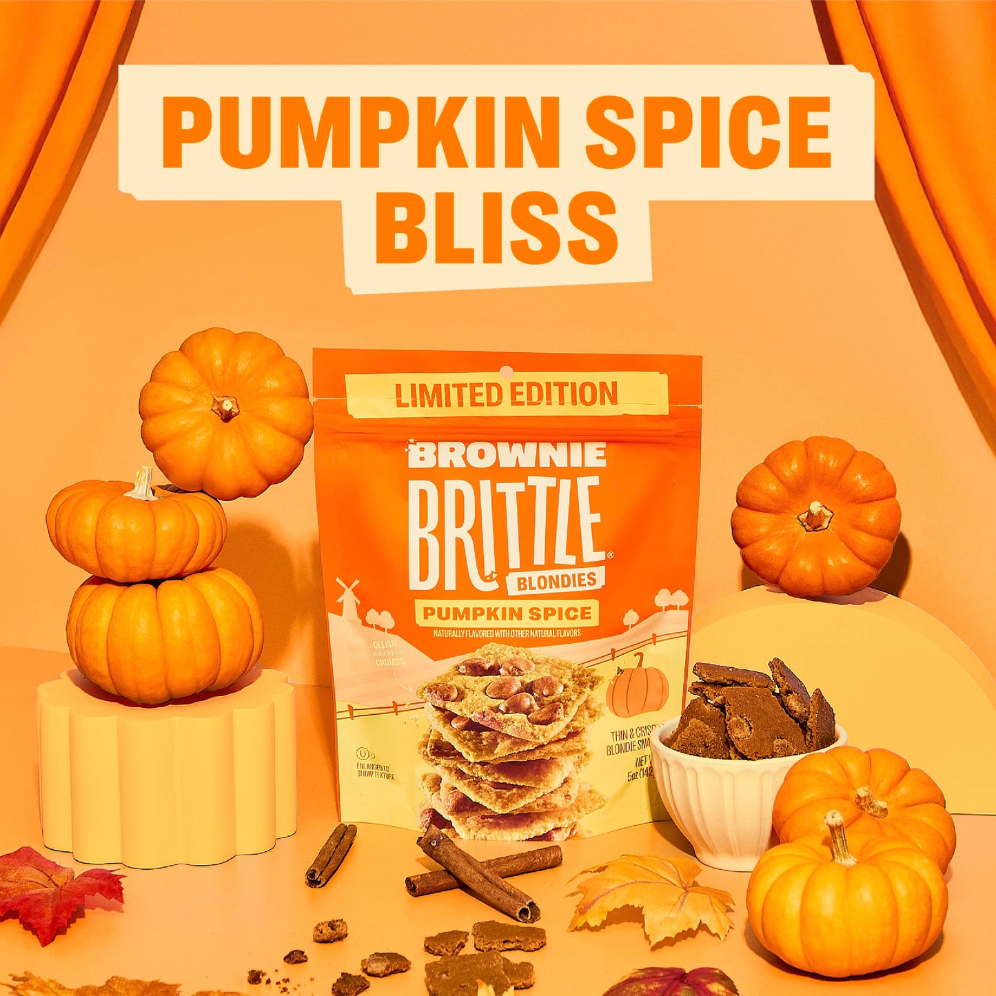Brownie Brittle - Pumpkin Spice Blondie Thin and Crispy Sweet Snacks (Pack of 3, 5 oz), Rich Gourmet Brownie Bites Dessert