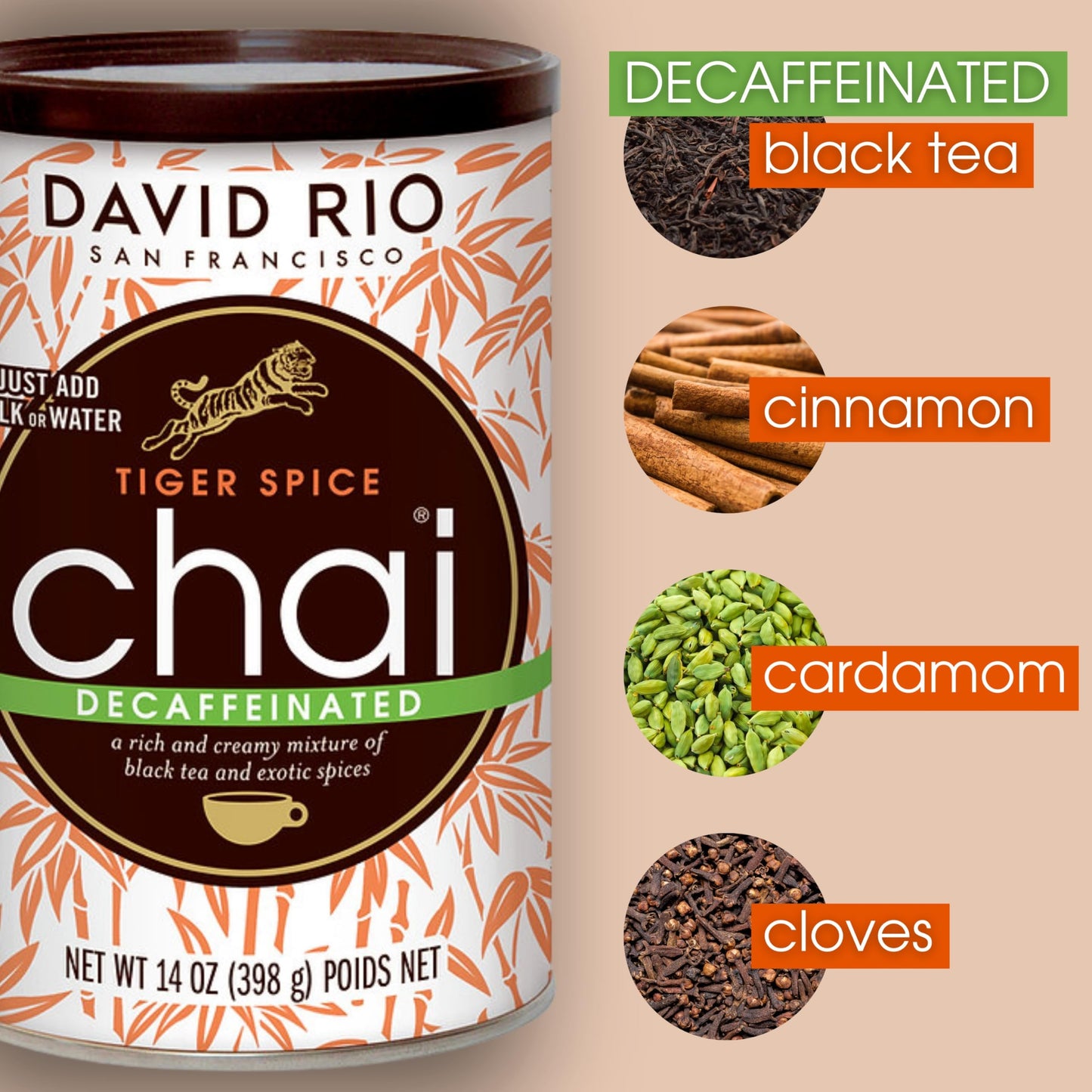 Tiger Spice Decaffeinated Chai Tea Latte Mix, 14 Oz, Decaf Black Tea, Organic Spices, Dairy Free, Serve Hot Or Cold, Just Add Wa