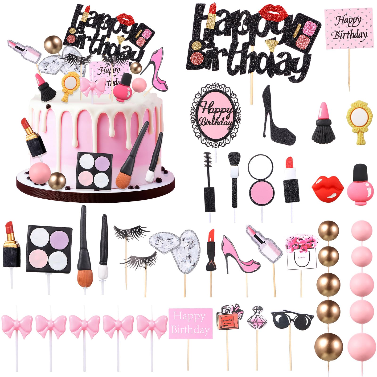 Beeveer 42 PCS Makeup Cake Topper Decorations Cosmetics Theme Bridal Cake Topper Party Lipstick Perfume Picks for Bridal Shower 