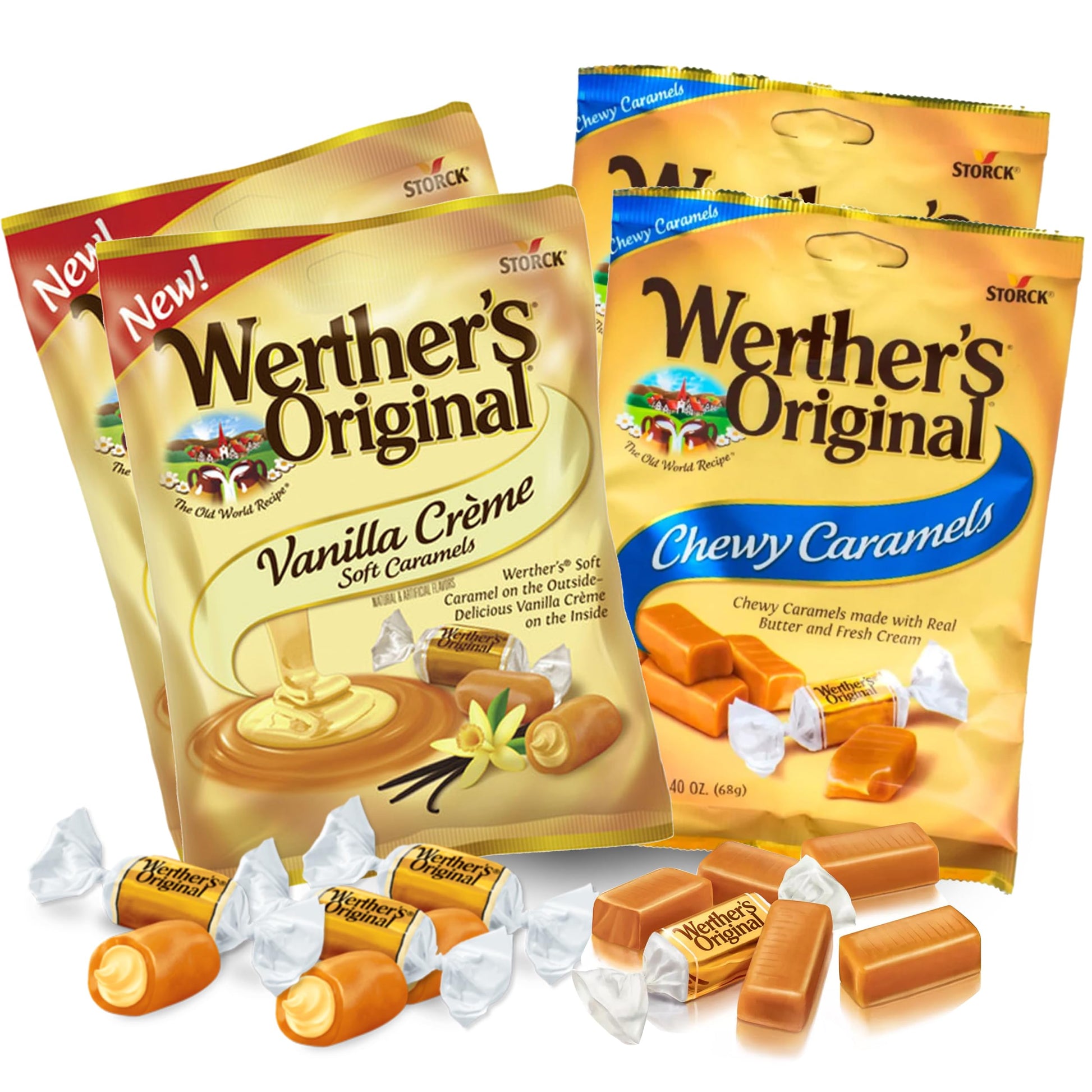 Munch Mania Werthers Original Vanilla Creme Soft Caramels, 2.4 oz, Pack of 4, Individually Wrapped, Brown