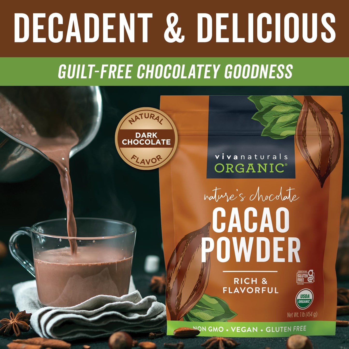 Viva Naturals Organic Cacao Powder, 1lb - Unsweetened Cacao Powder With Rich Dark Chocolate Flavor, Perfect for Baking & Smoothi