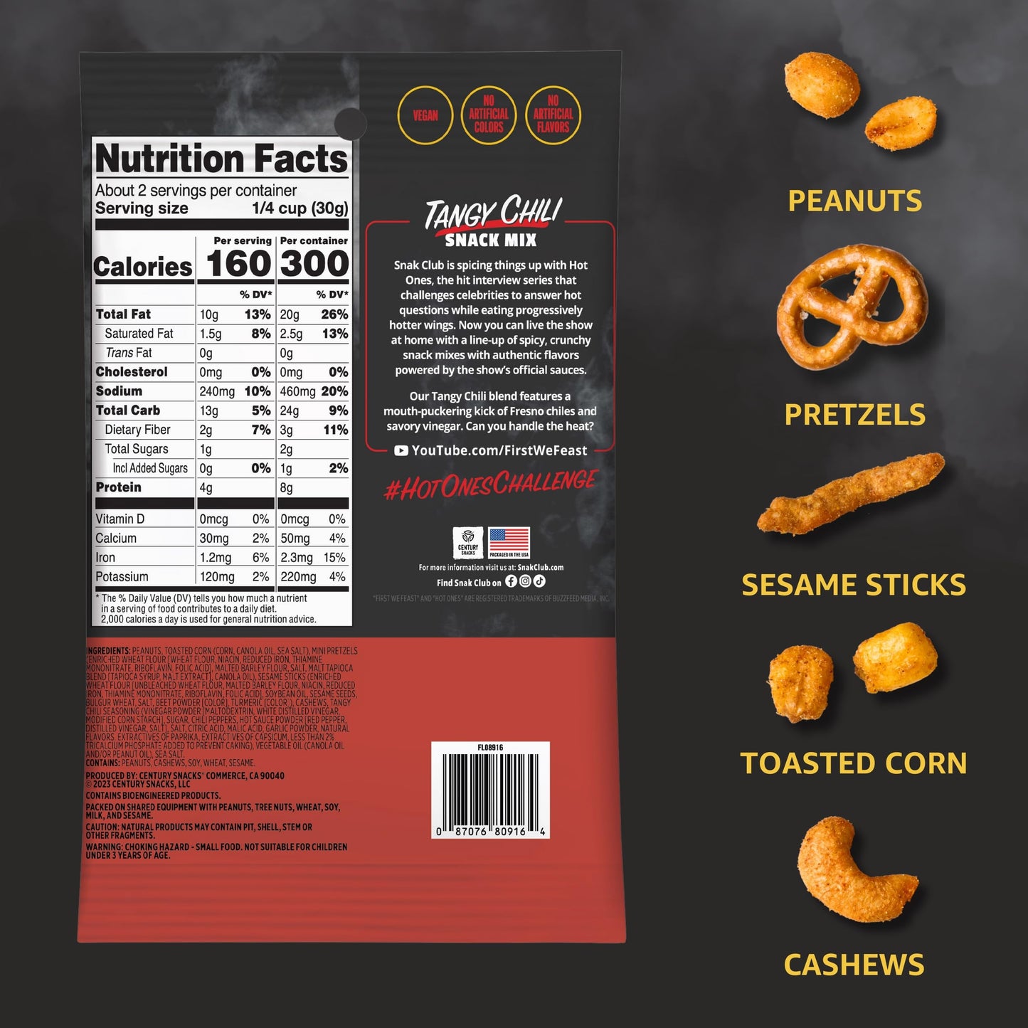 Snak Club Tangy Chili Snack Mix, Mild Spicy Snacks with Peanuts & Pretzels, 2 oz Bag (12 Count)