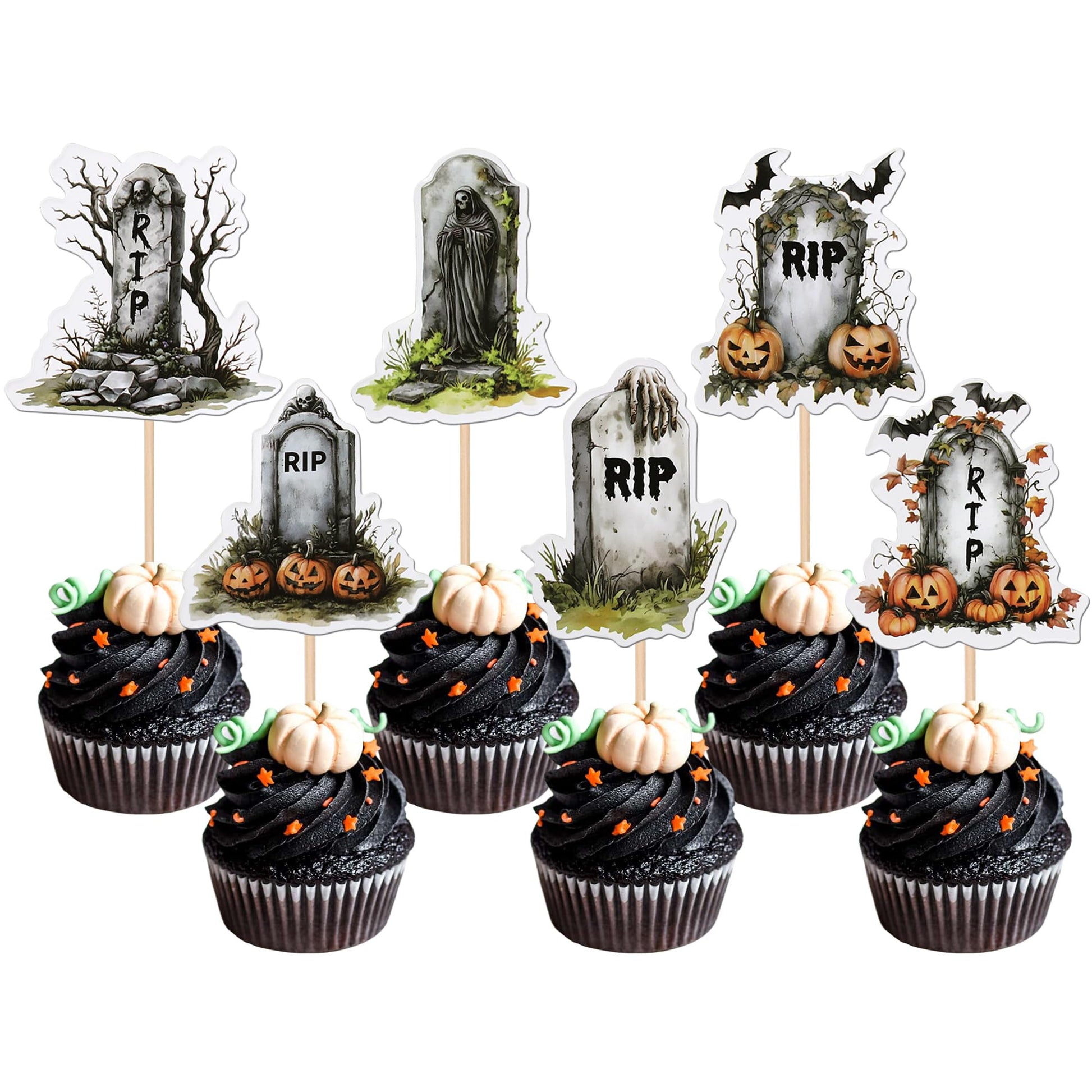36 Pcs Halloween Tombstone Cupcake Toppers Rip Cemetery Graveyard Zombie Skeleton Pumpkin Bat Cupcake Picks Halloween Cupcake De