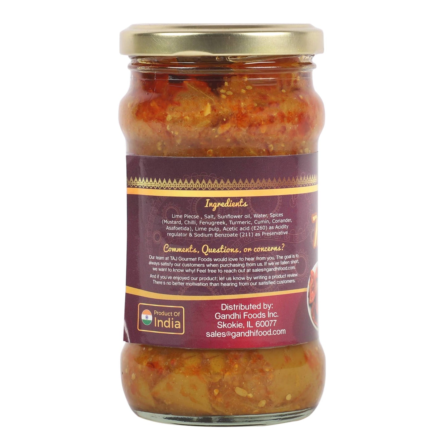 TAJ Gourmet Mild Lime Pickle, (Lime Achar), 300g (10.5oz)