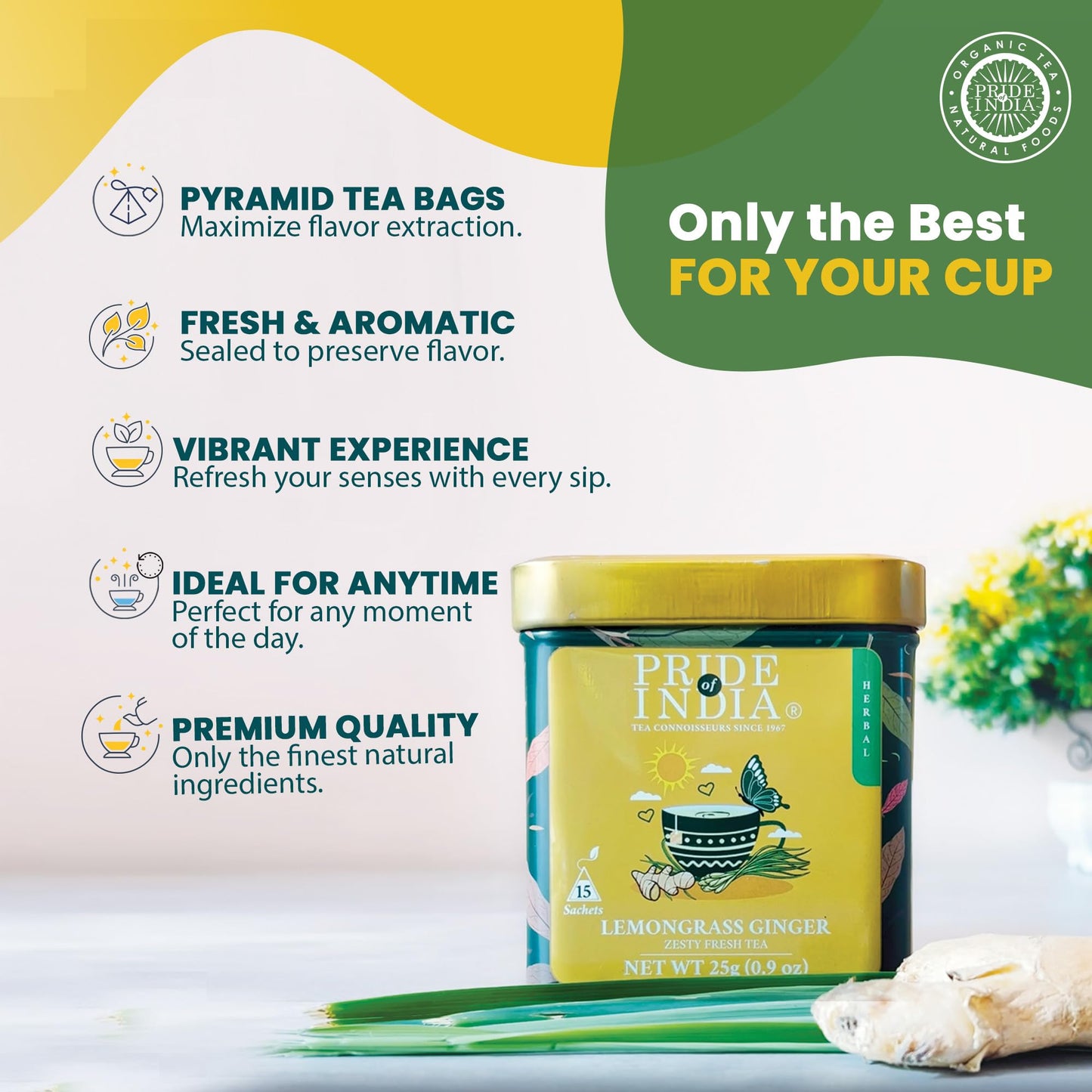 Pride Of India | Lemongrass Ginger Zesty Fresh Tea | 15 Pyramid Full Leaf Individually Wrapped Tea Bags | 100% Herbal Blend From Single Origin | Tangy & Spicy Flavor | Caffeine-Free