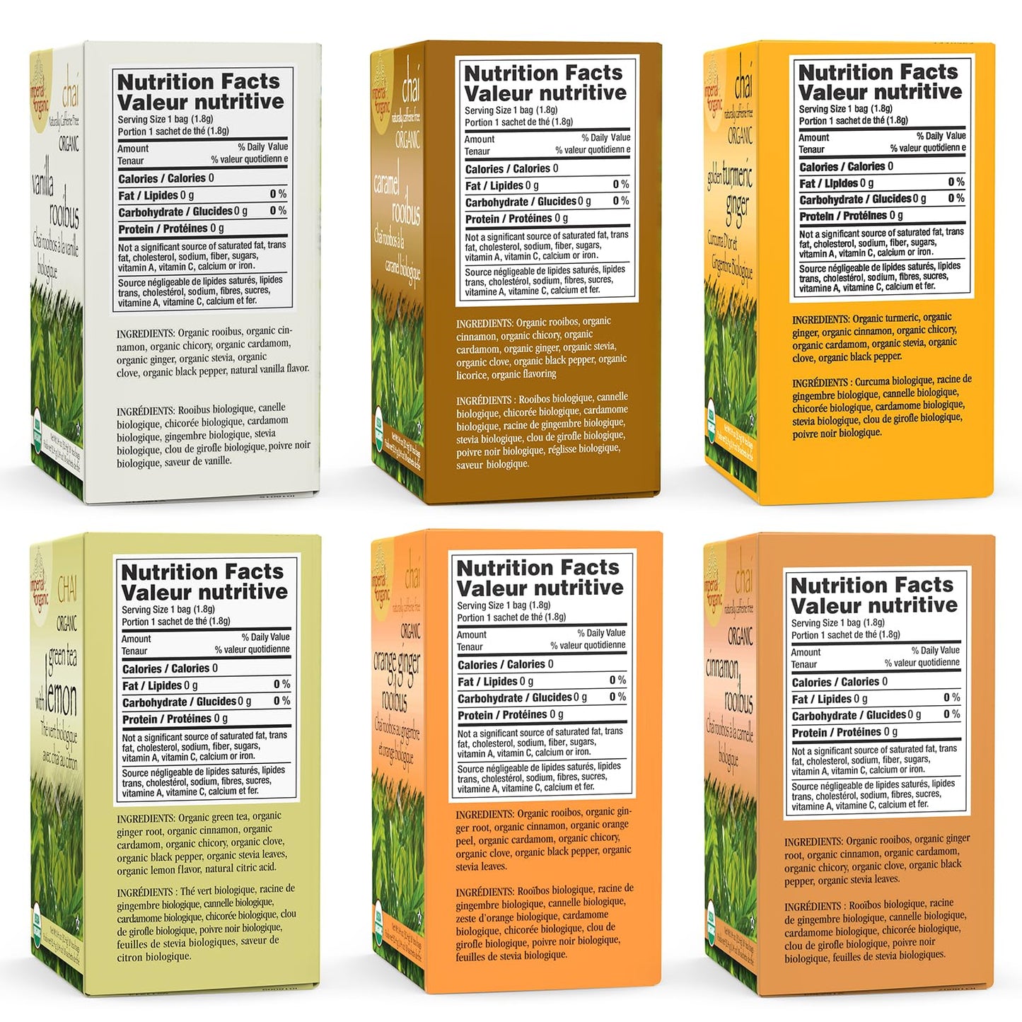 Uncle Lees Organic Chai Tea Variety Pack – 6 Assorted Caffeine-Free & Caffeinated Bags, 108 Total Tea Bags