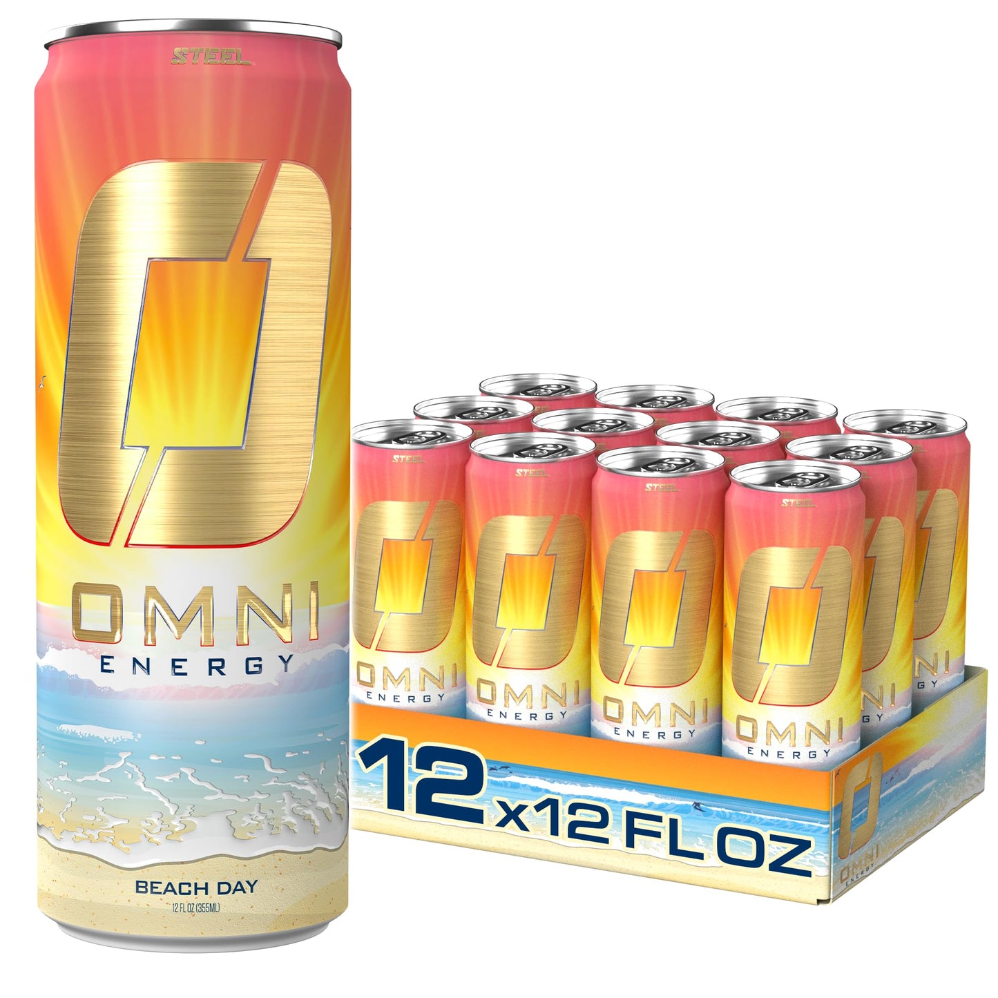 Steel Supplements OMNI Energy Drink, Sugar-Free, Low Calorie, 200mg Caffeine, Pack of 12, 12 Oz Cans