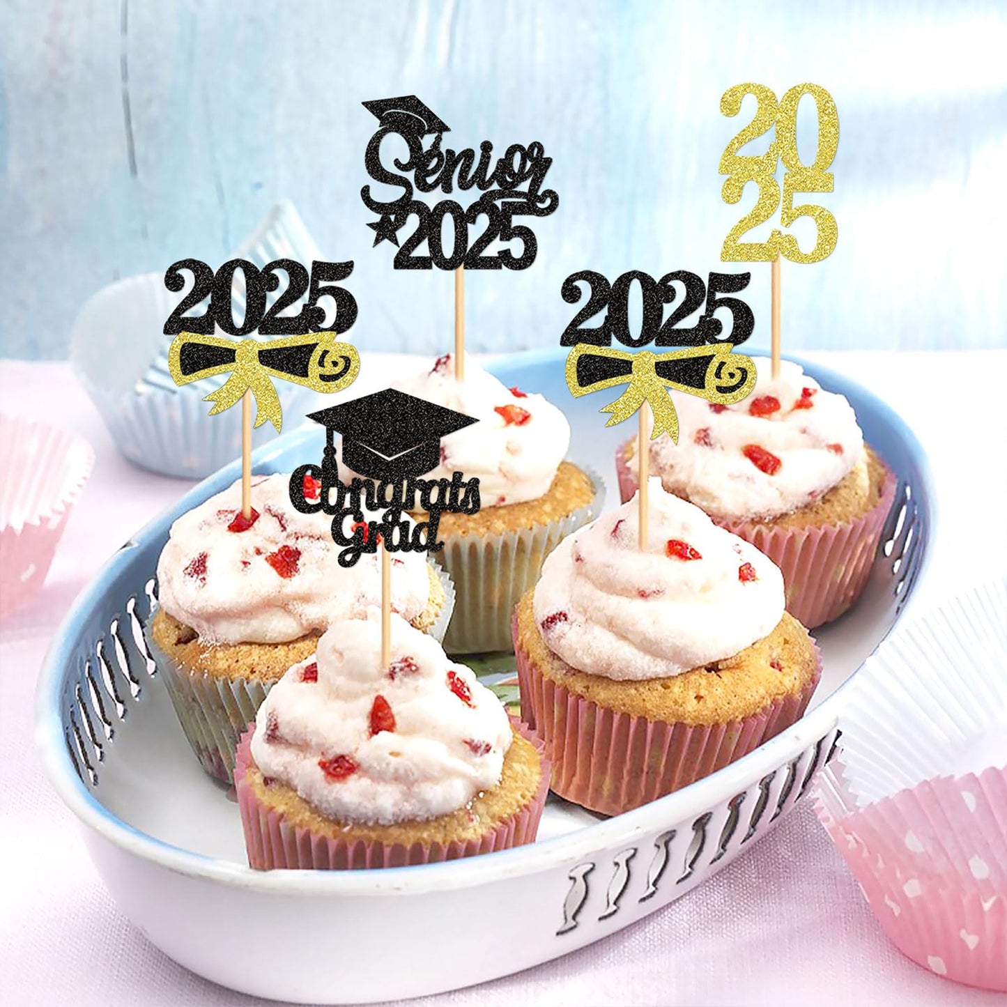 Keaziu Graduation Cupcake Toppers - 24 Pack, Senior Gold, Graduation Hat Picks for 2025 Graduation Theme Party Decorations