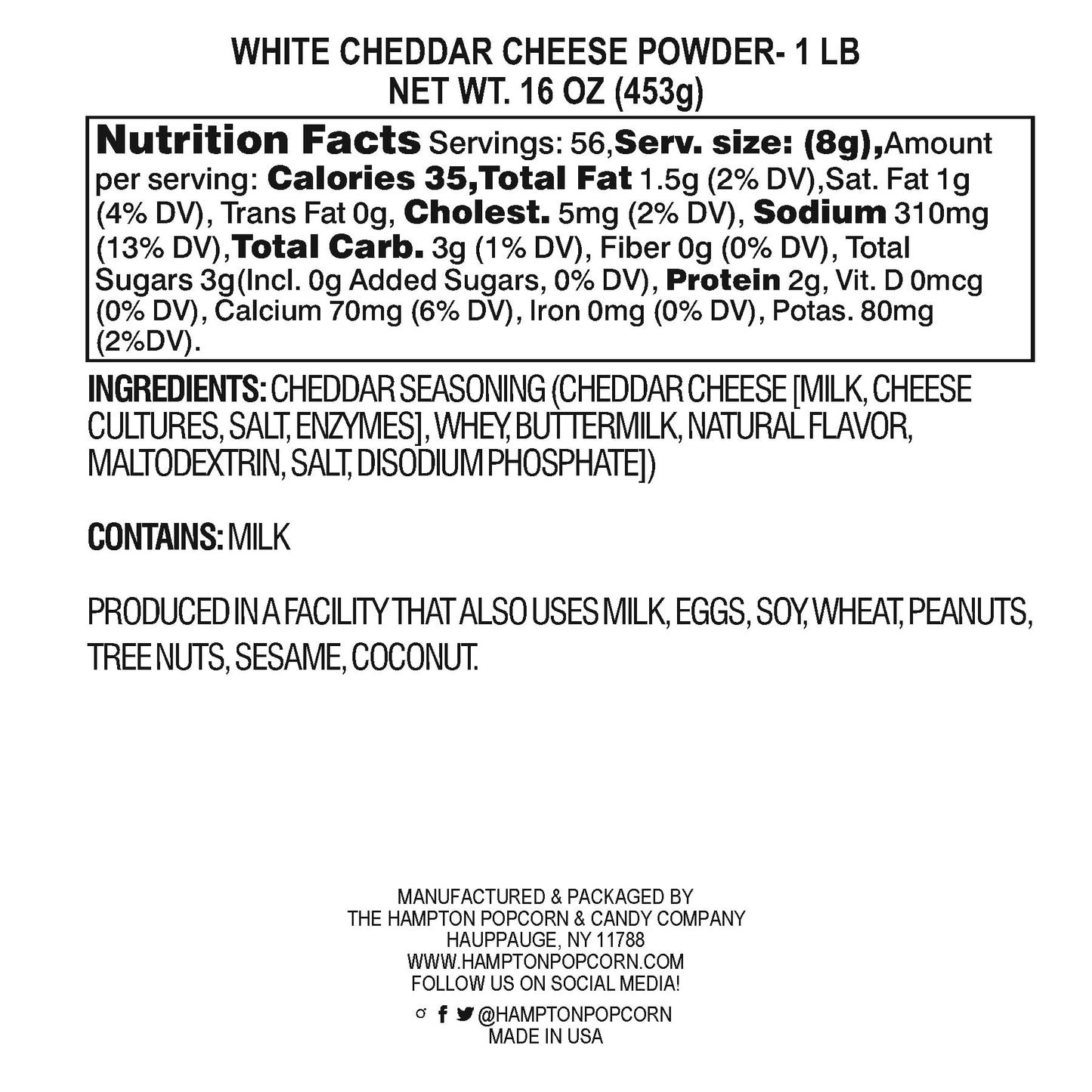 White Cheddar Cheese Powder, 1 Pound Resealable Zip Bag, Popcorn Cheese Powder, Cheese Powder For Pasta, Cheese Sauce Mix