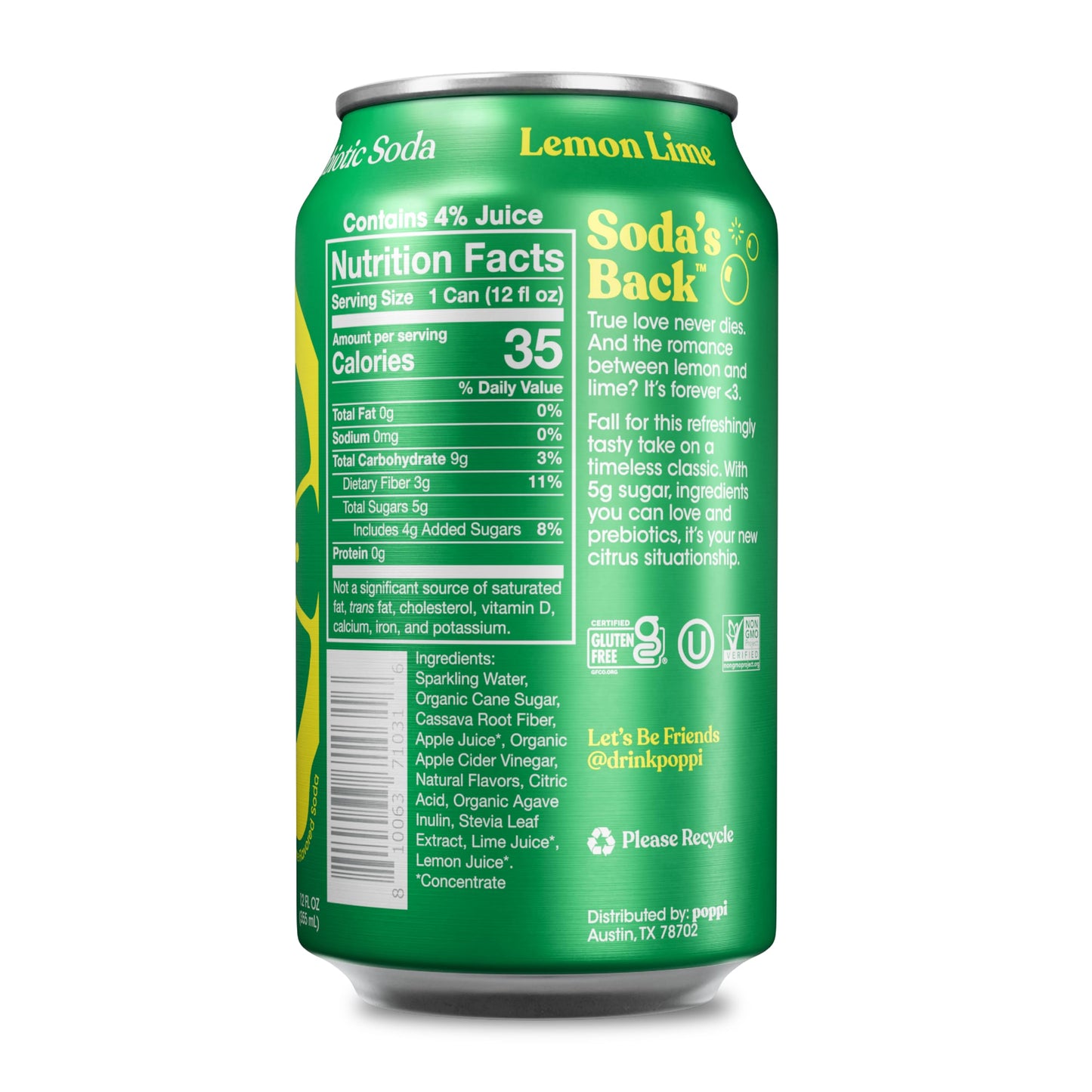Poppi Sparkling Prebiotic Soda with Apple Cider Vinegar, Lemon Lime Flavor, 12 Fl Oz, Pack of 12, Model 0810063710347